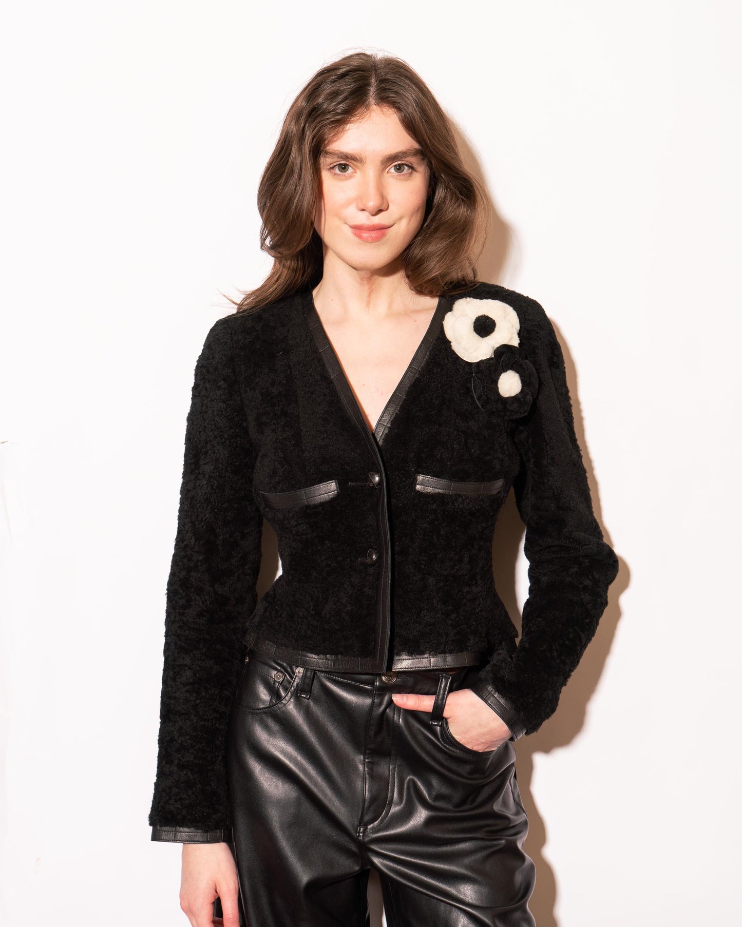FR34-36 Rare Chanel Fall 2003 Two Pocket Camellia Detail Black Shearling Jacket - Vintage Chanel Jacket - - Rarchive.