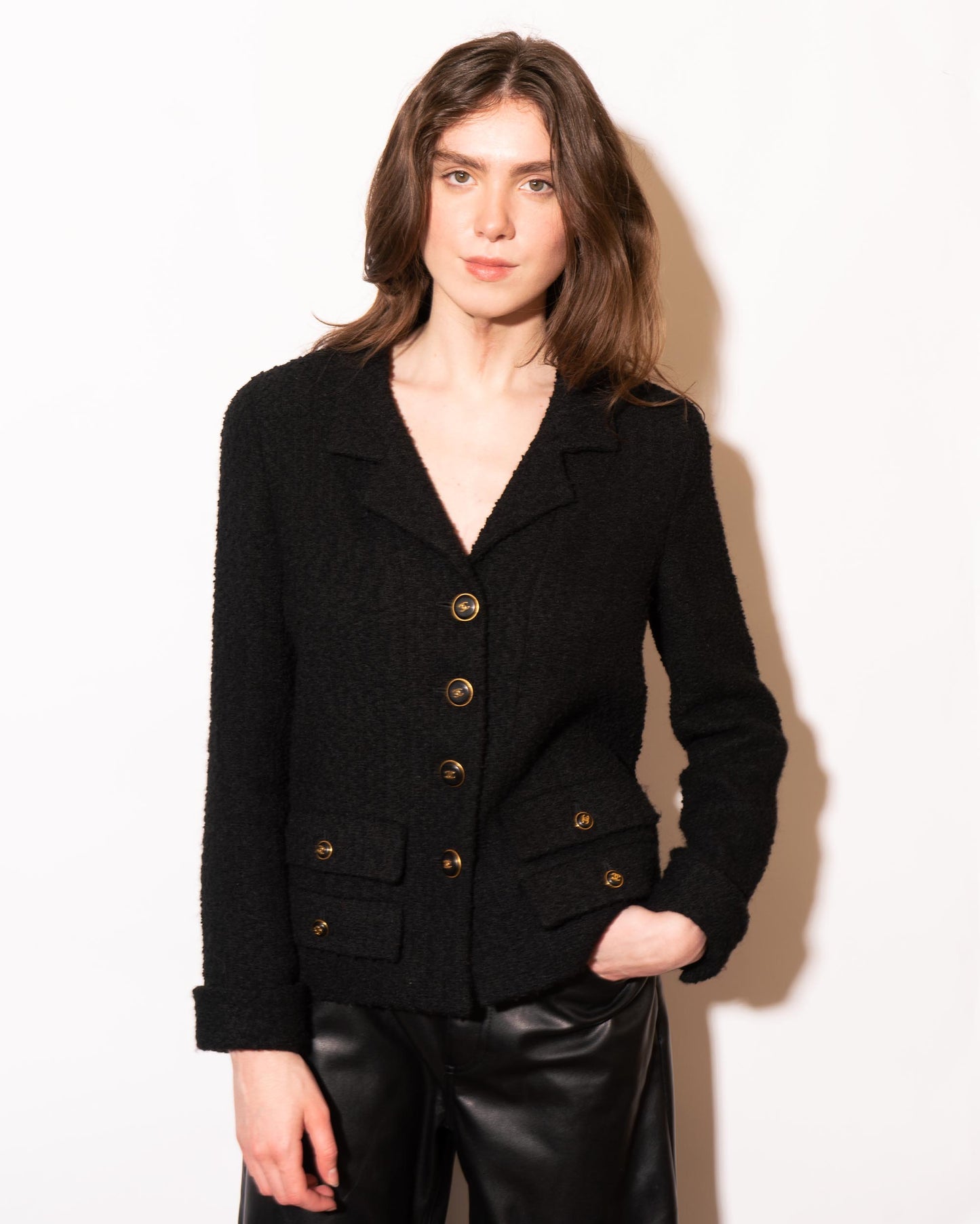 FR36-38 Rare Chanel Fall 1995 Four Pocket Black Tweed Boucle Jacket - Vintage Chanel Jacket - - Rarchive.