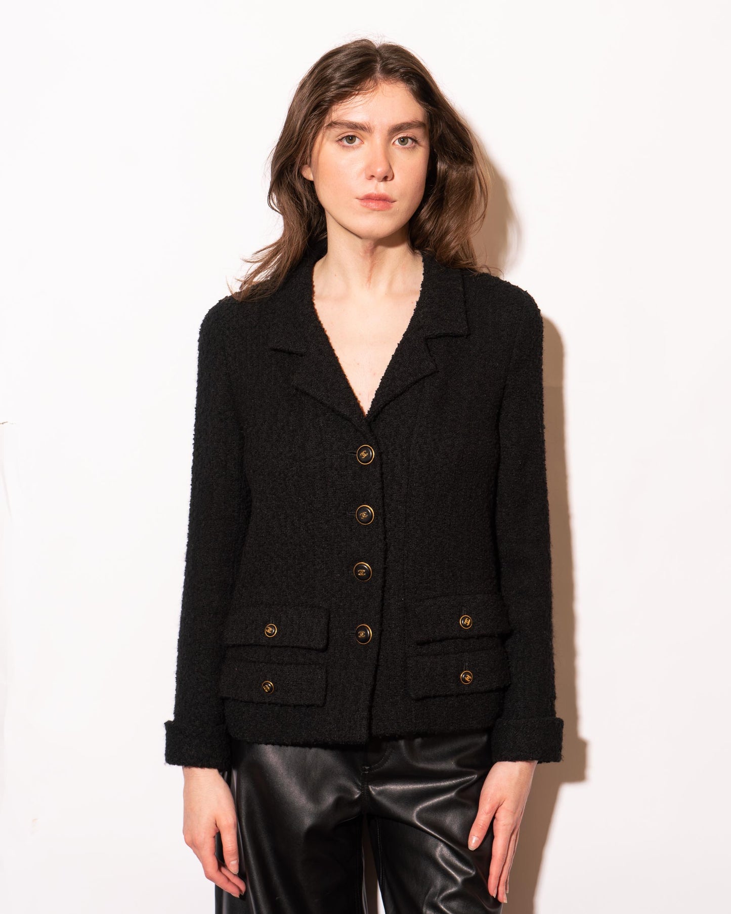 FR36-38 Rare Chanel Fall 1995 Four Pocket Black Tweed Boucle Jacket - Vintage Chanel Jacket - - Rarchive.