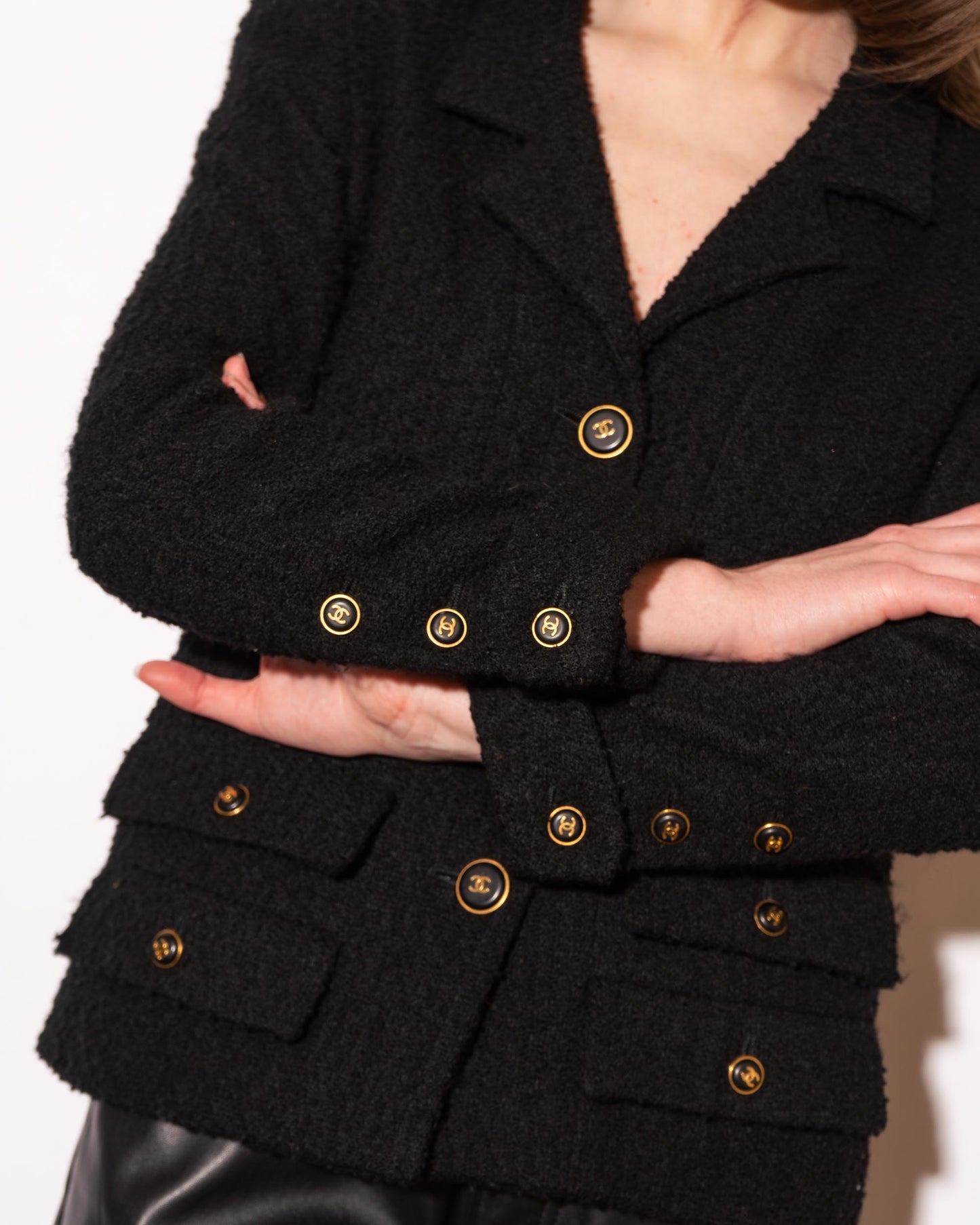 FR36-38 Rare Chanel Fall 1995 Four Pocket Black Tweed Boucle Jacket - Vintage Chanel Jacket - - Rarchive.