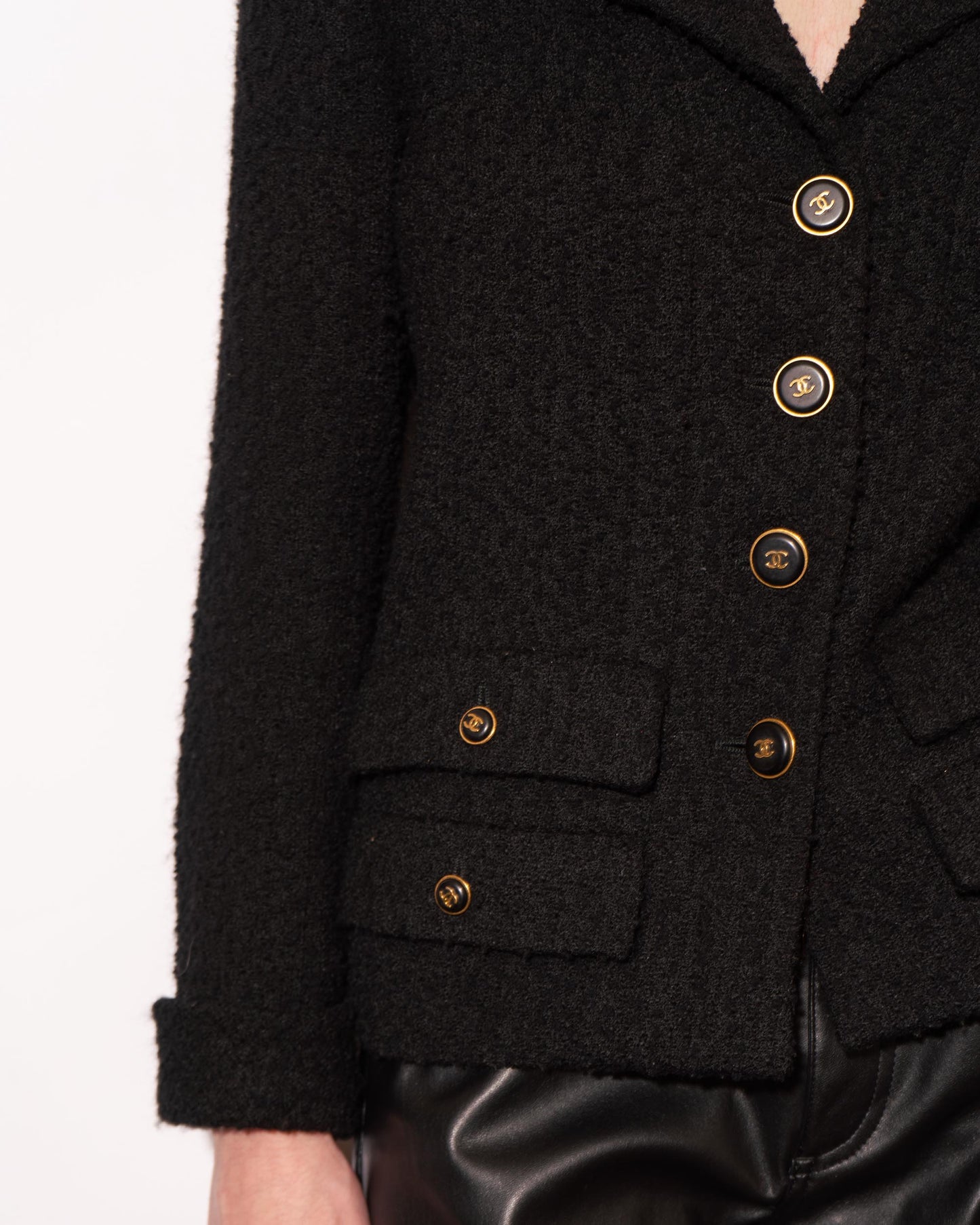 FR36-38 Rare Chanel Fall 1995 Four Pocket Black Tweed Boucle Jacket - Vintage Chanel Jacket - - Rarchive.
