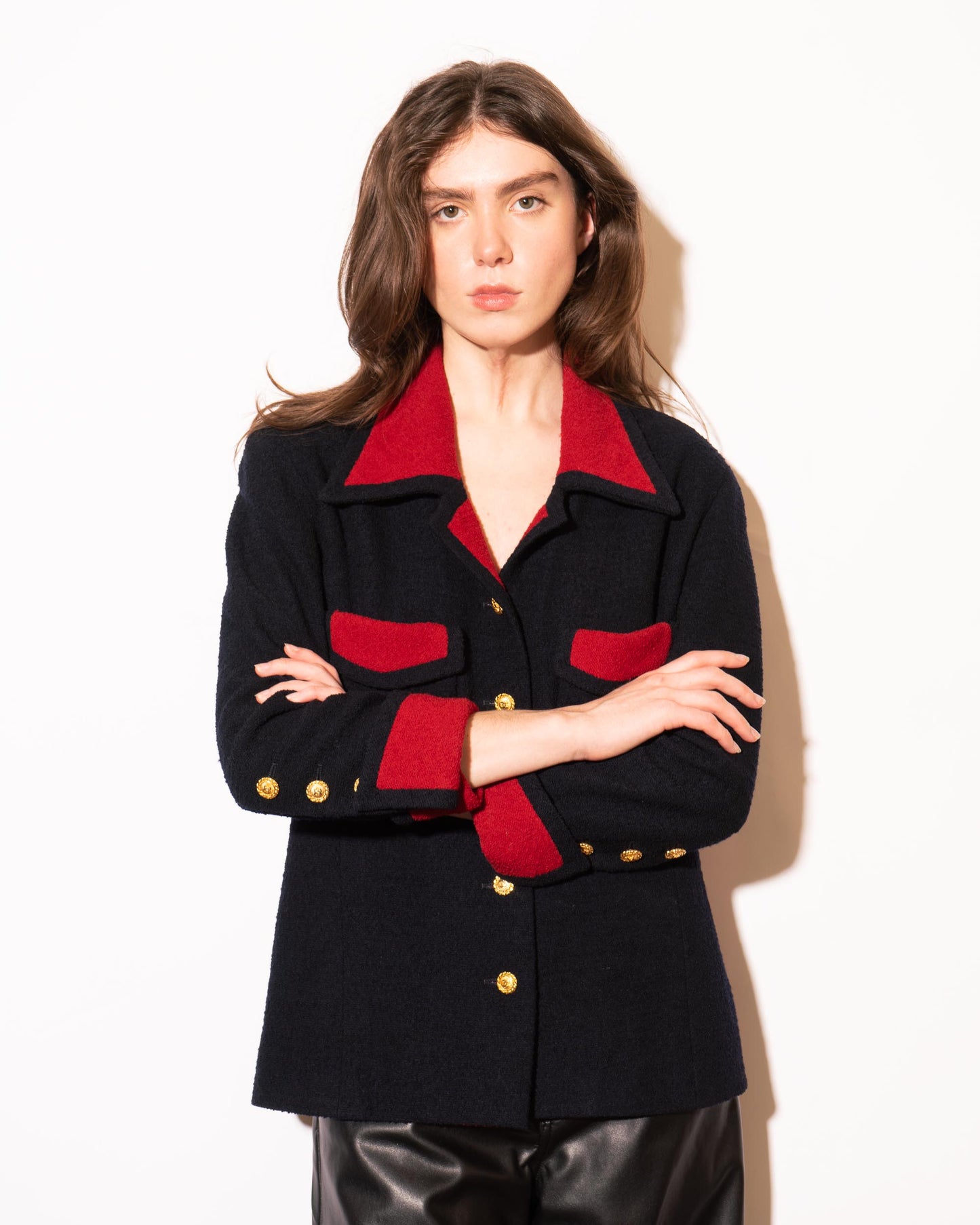FR38-40 Chanel 1980s Two Pocket Dark Navy and Red Tweed Jacket - Vintage Chanel Jacket - - Rarchive.
