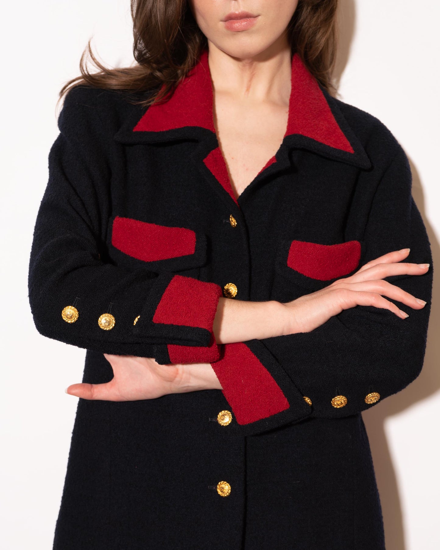 FR38-40 Chanel 1980s Two Pocket Dark Navy and Red Tweed Jacket - Vintage Chanel Jacket - - Rarchive.