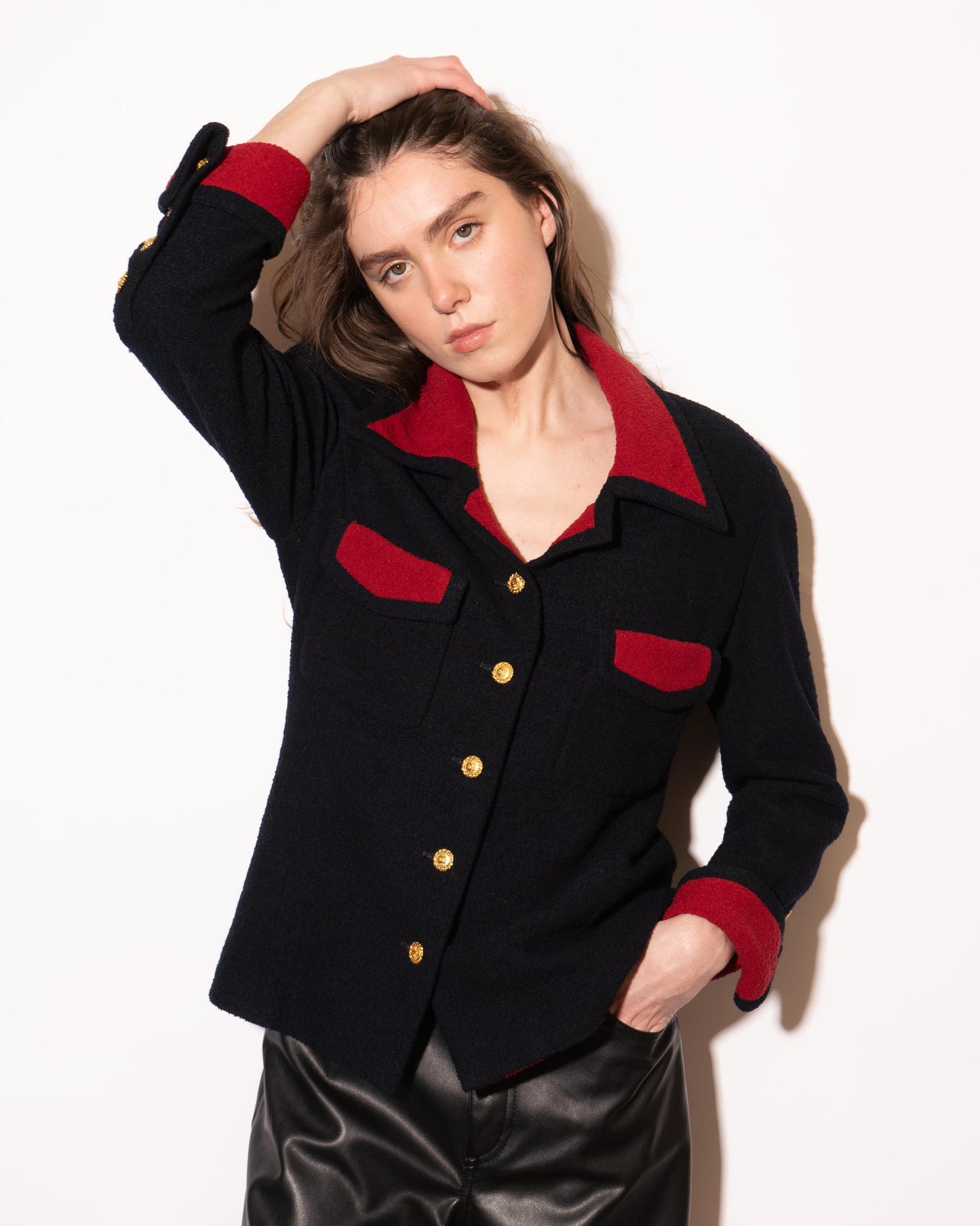 FR38-40 Chanel 1980s Two Pocket Dark Navy and Red Tweed Jacket - Vintage Chanel Jacket - - Rarchive.