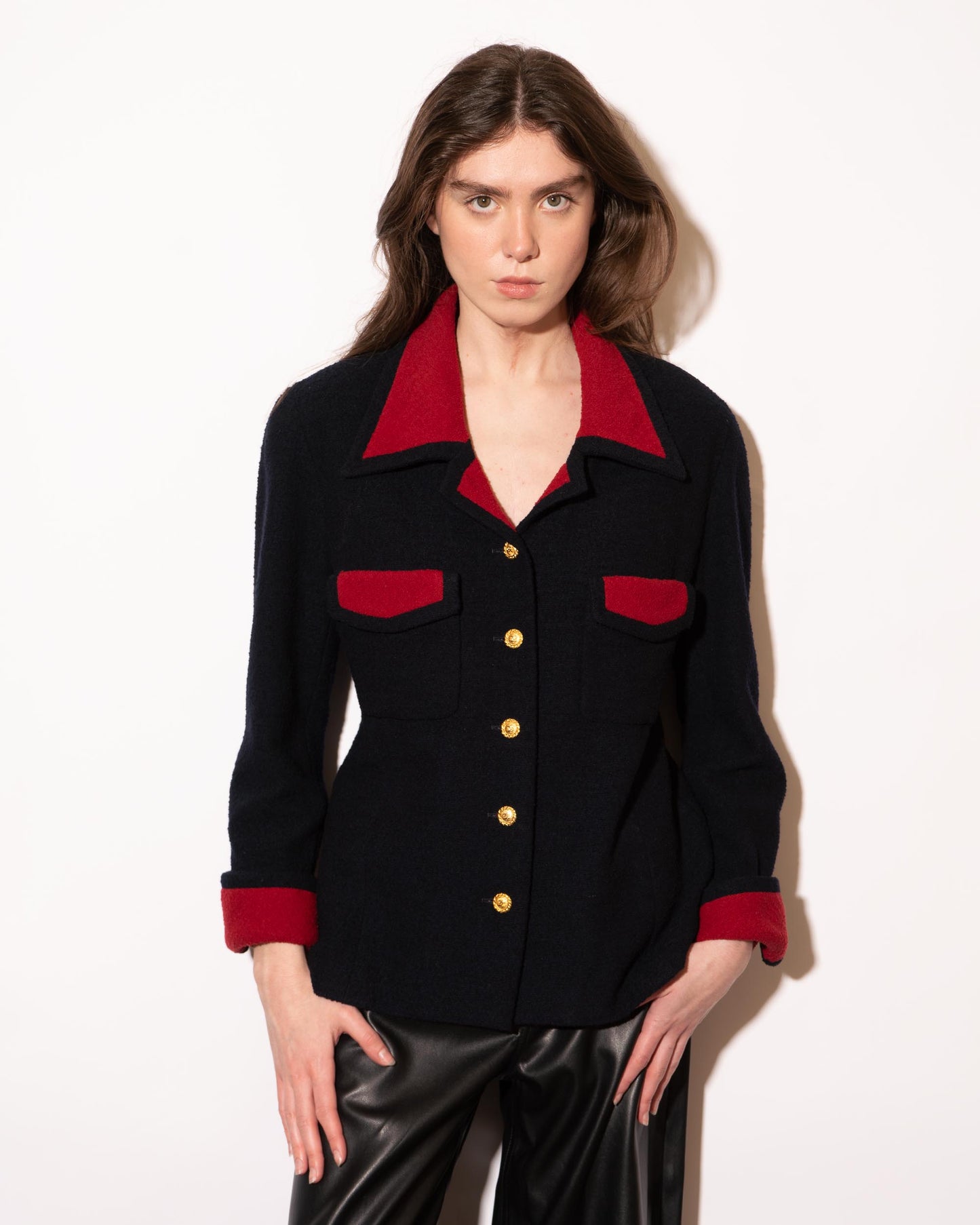 FR38-40 Chanel 1980s Two Pocket Dark Navy and Red Tweed Jacket - Vintage Chanel Jacket - - Rarchive.