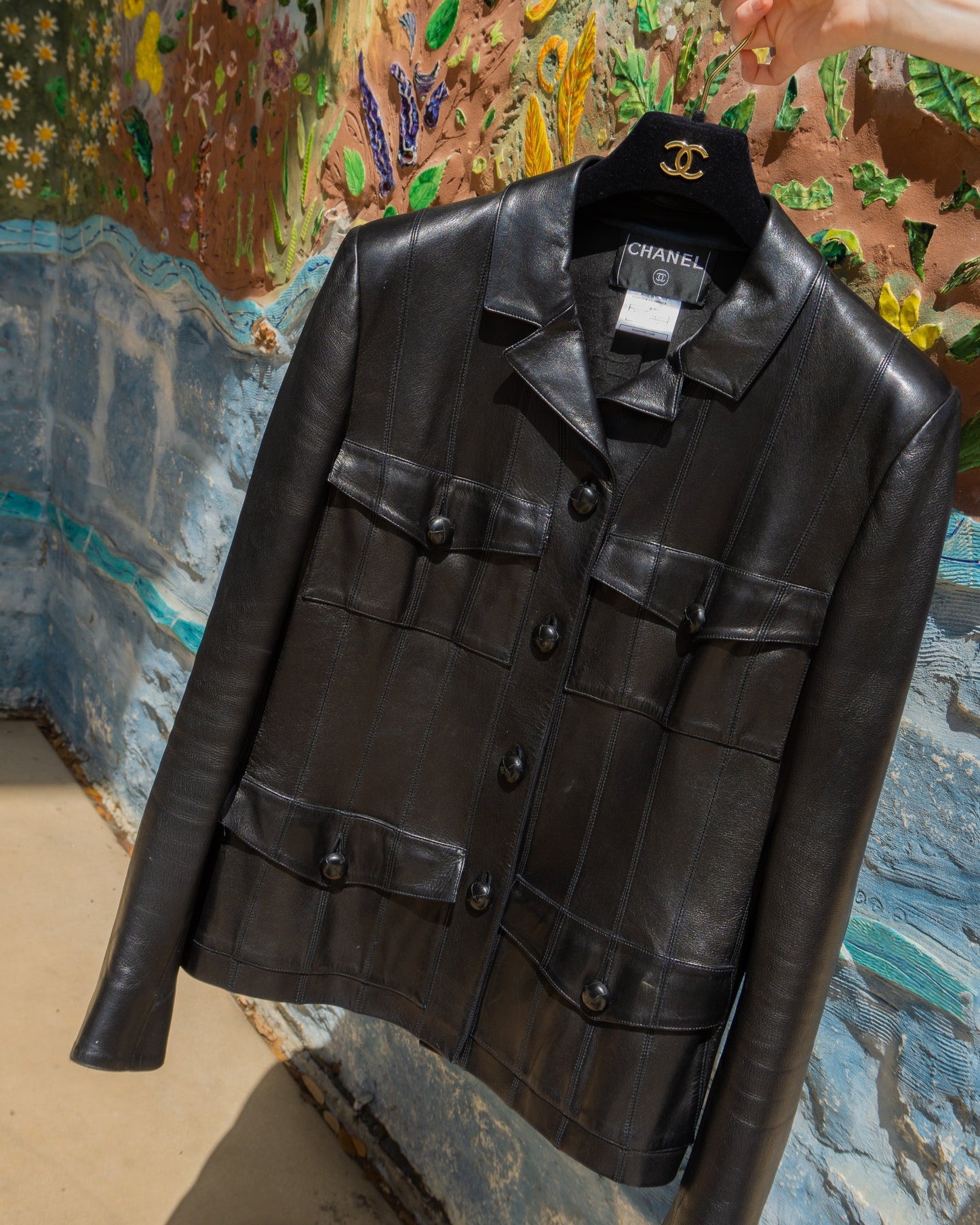 FR40-42 Rare Chanel Fall 2003 Four Pocket Multi Panel Cut Black Leather Jacket - Vintage Chanel Jacket -  Jacket - Rarchive.