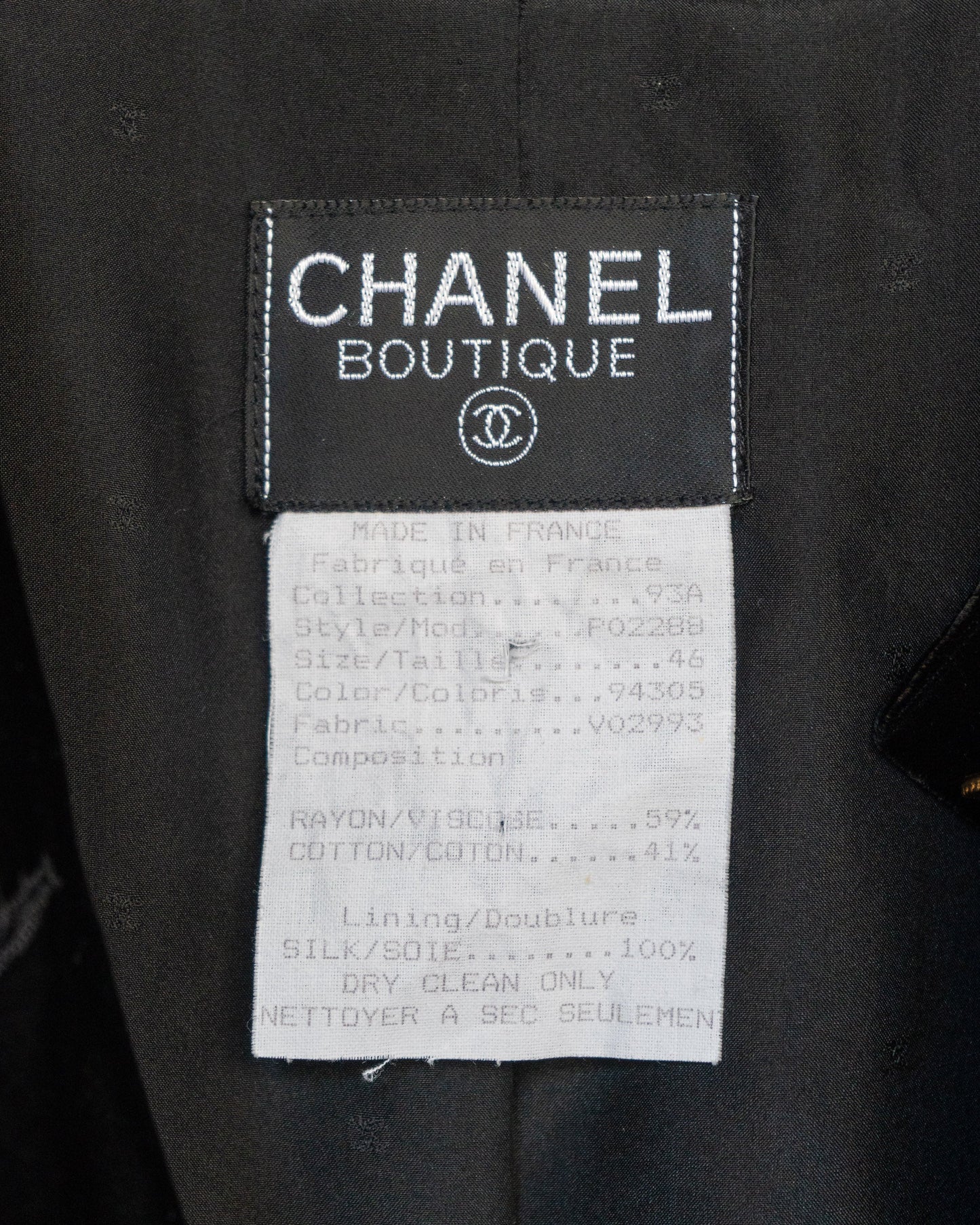 FR42-44 Rare Chanel Fall 1993 Collarless Four Pocket Black Velvet Coat - Vintage Chanel Jacket - - Rarchive.