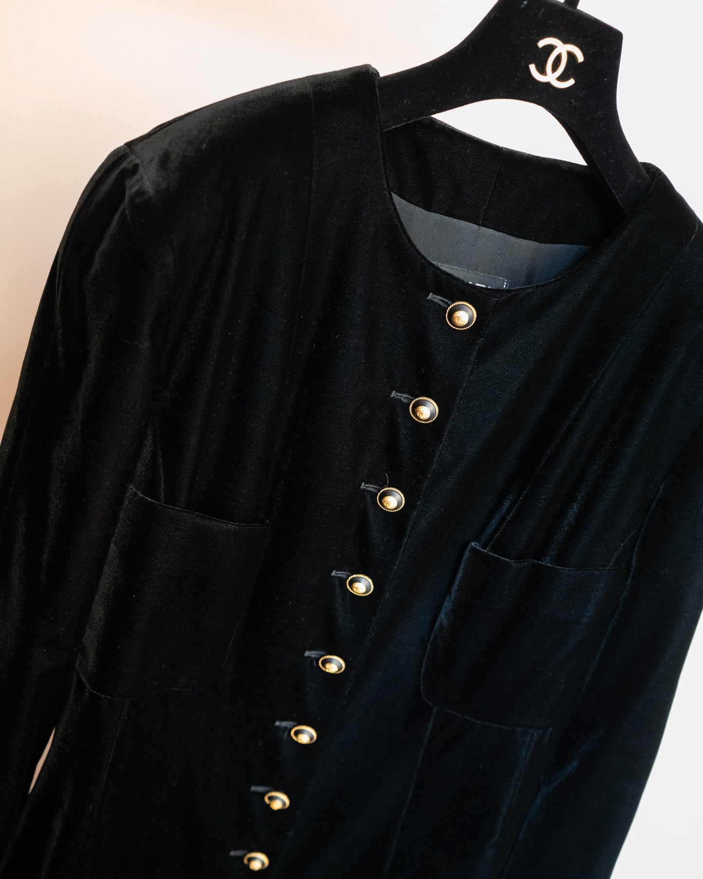FR42-44 Rare Chanel Fall 1993 Collarless Four Pocket Black Velvet Coat - Vintage Chanel Jacket - - Rarchive.