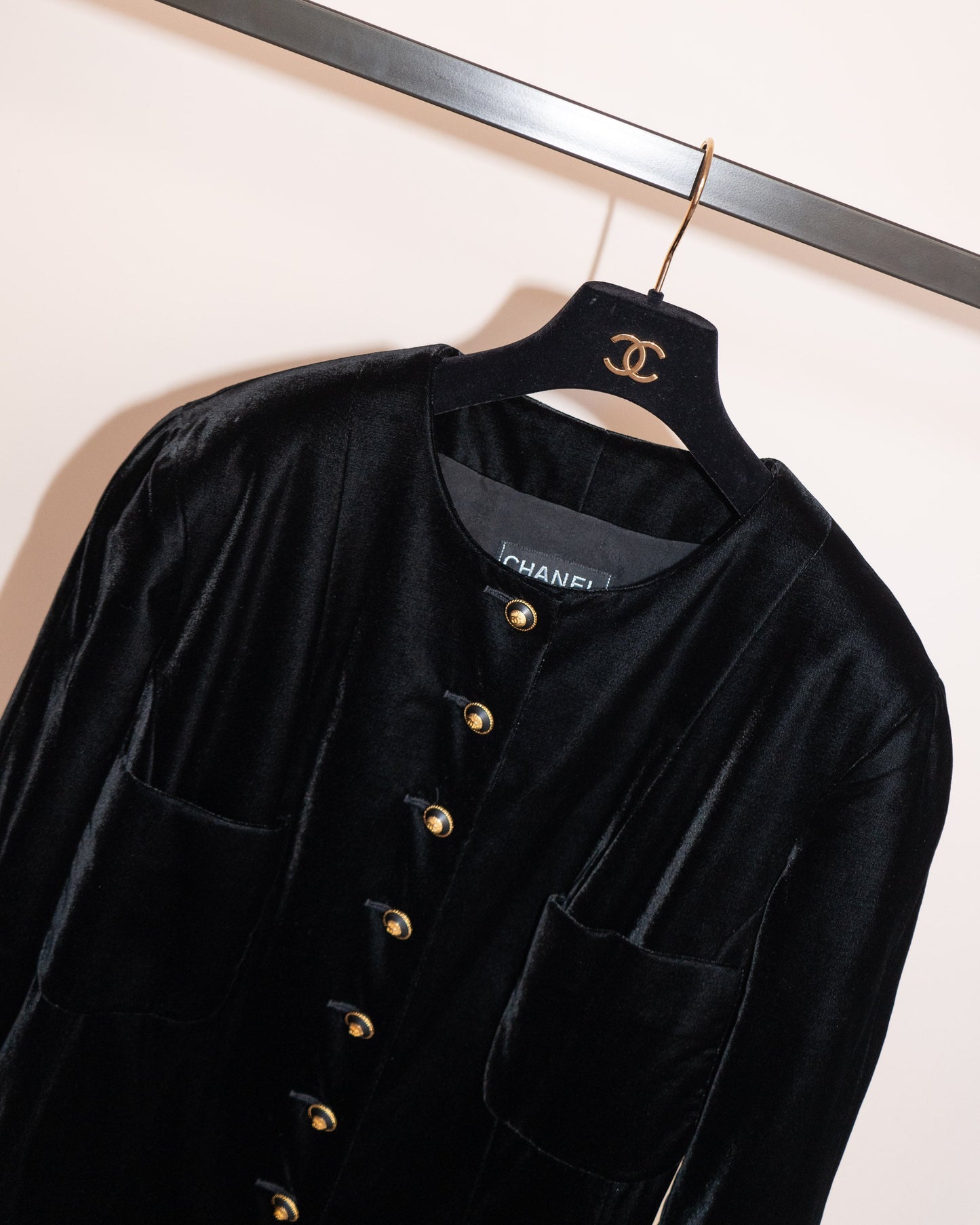 FR42-44 Rare Chanel Fall 1993 Collarless Four Pocket Black Velvet Coat - Vintage Chanel Jacket - - Rarchive.
