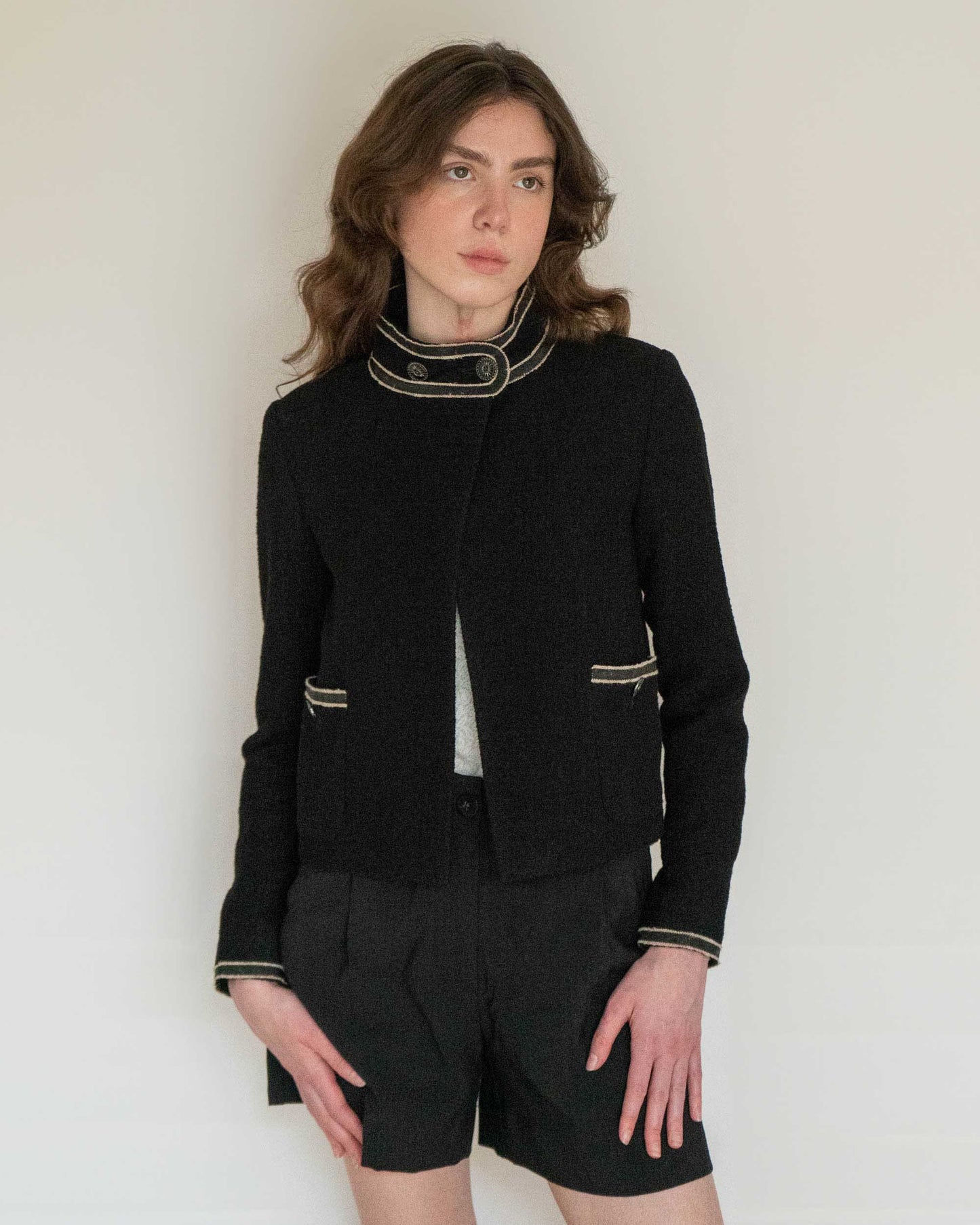 FR36-38 Chanel Cruise 2014 Paris–Singapore Collection Military Collar Jacket in Black Bouclé