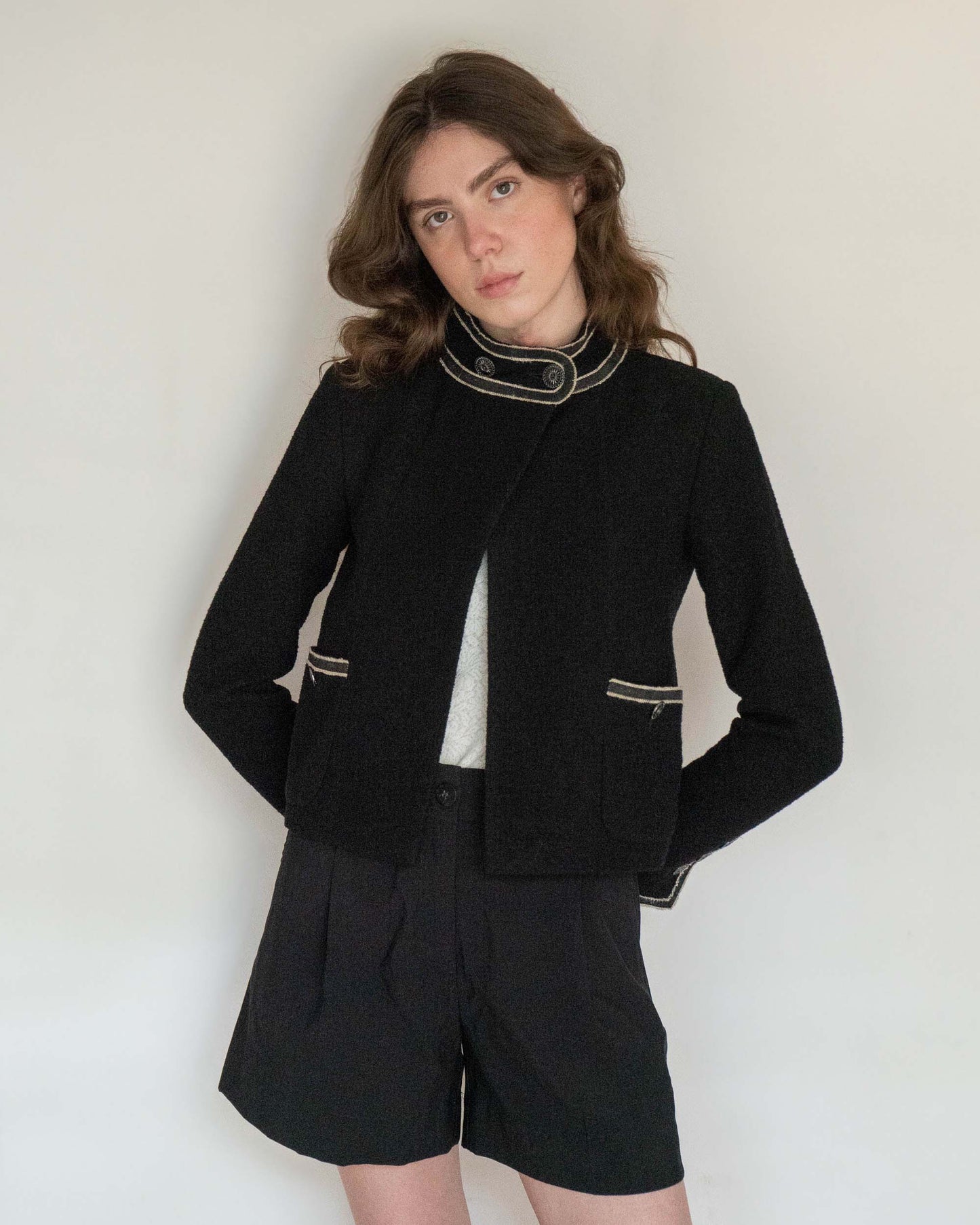 FR36-38 Chanel Cruise 2014 Paris–Singapore Collection Military Collar Jacket in Black Bouclé