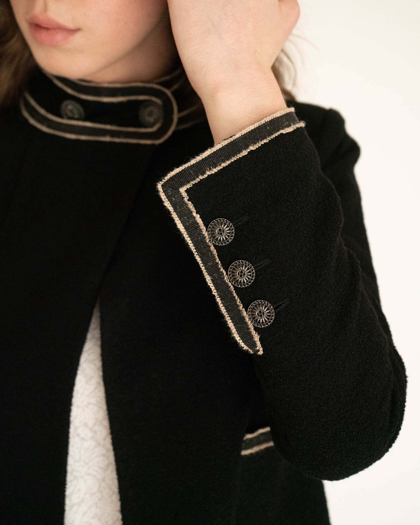 FR36-38 Chanel Cruise 2014 Paris–Singapore Collection Military Collar Jacket in Black Bouclé