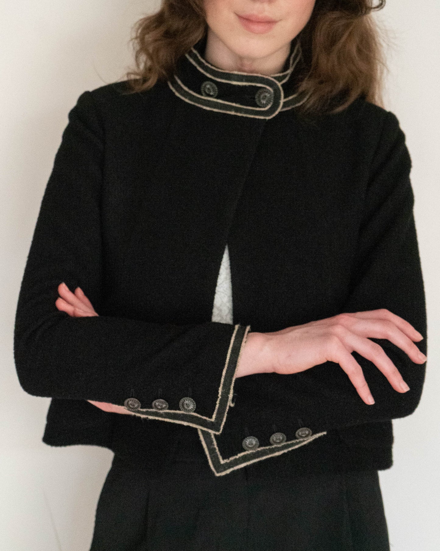 FR36-38 Chanel Cruise 2014 Paris–Singapore Collection Military Collar Jacket in Black Bouclé