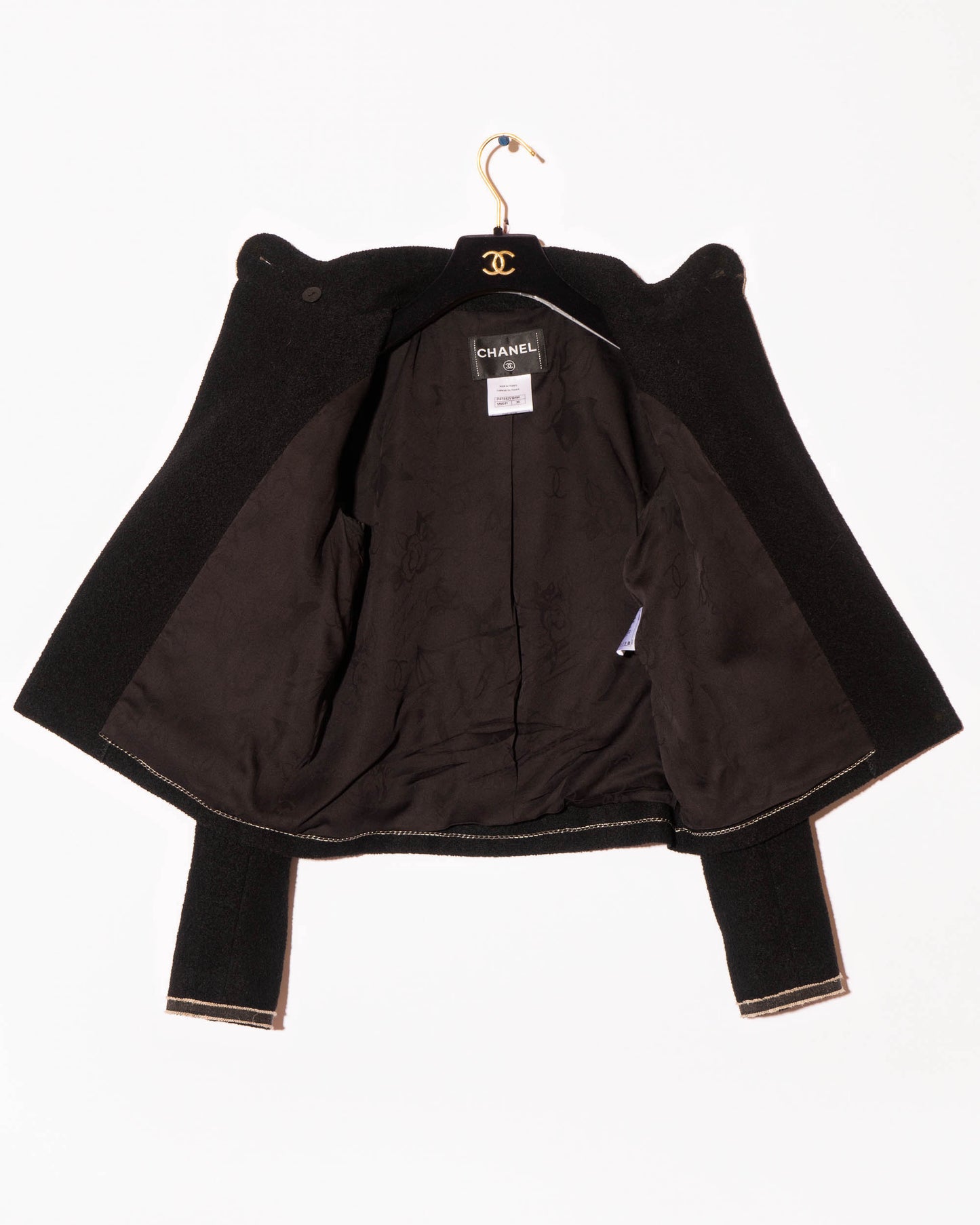 FR36-38 Chanel Cruise 2014 Paris–Singapore Collection Military Collar Jacket in Black Bouclé