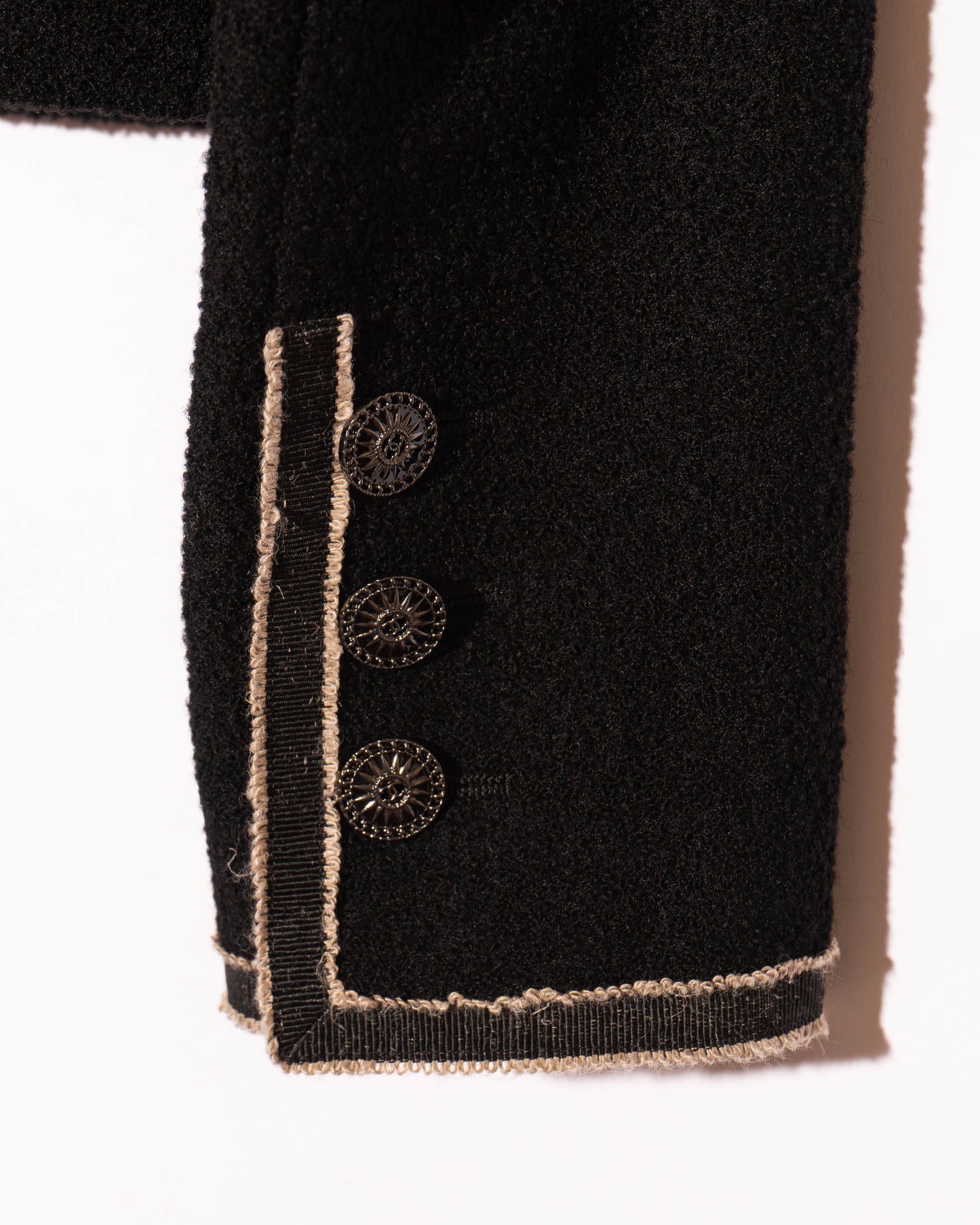 FR36-38 Chanel Cruise 2014 Paris–Singapore Collection Military Collar Jacket in Black Bouclé