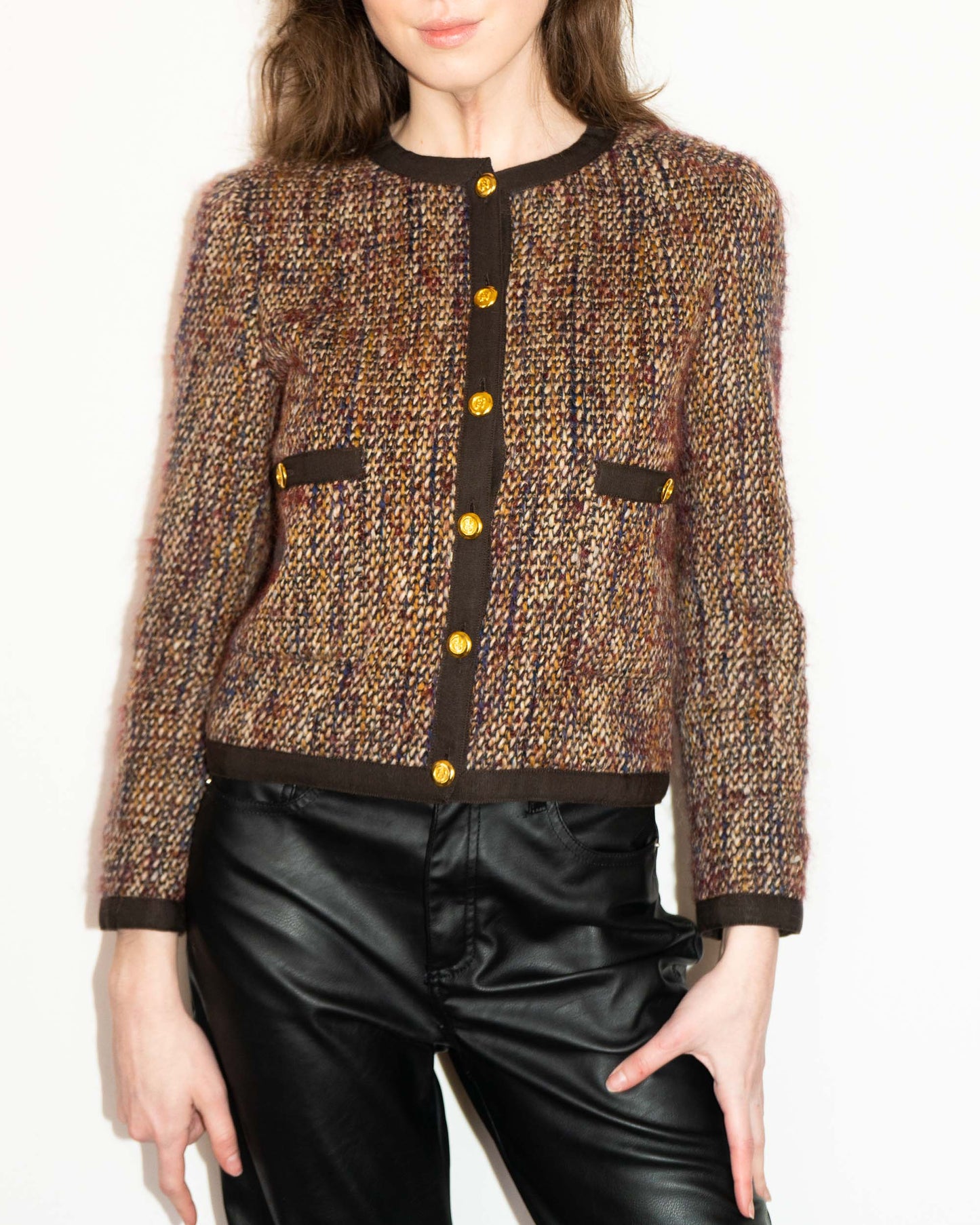 FR36-38 Chanel Early 1990s Two Pocket Collarless Wool-Mohair Tweed Jacket - Vintage Chanel Jacket - - Rarchive.