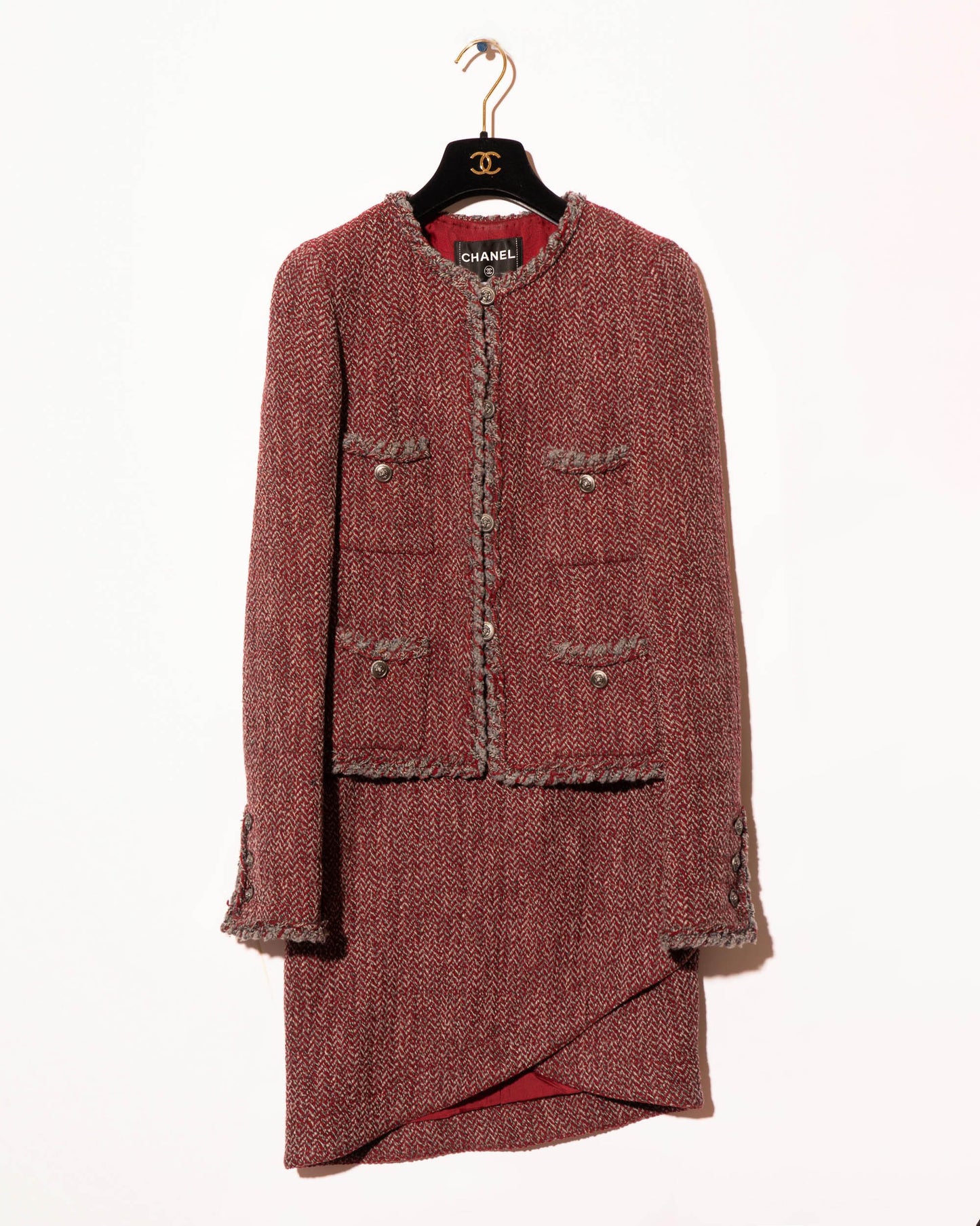 FR38-40 Chanel Fall 2008 Classic Colalrless Four Pocket Wool Tweed Jacket and Skirt Set