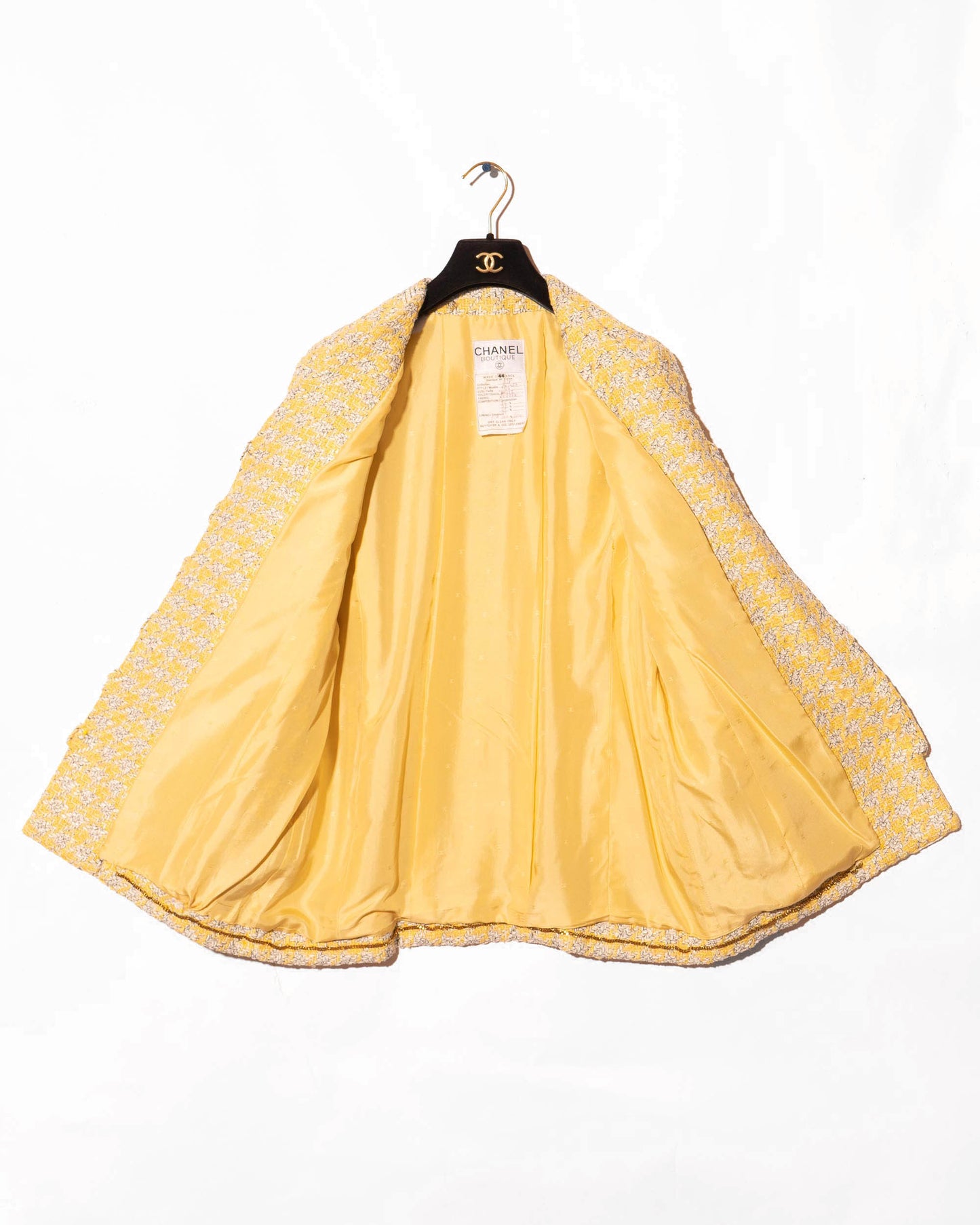 FR40-44 Rare Chanel Spring 1993 Four Pocket Yellow Houndstooth Longline Jacket