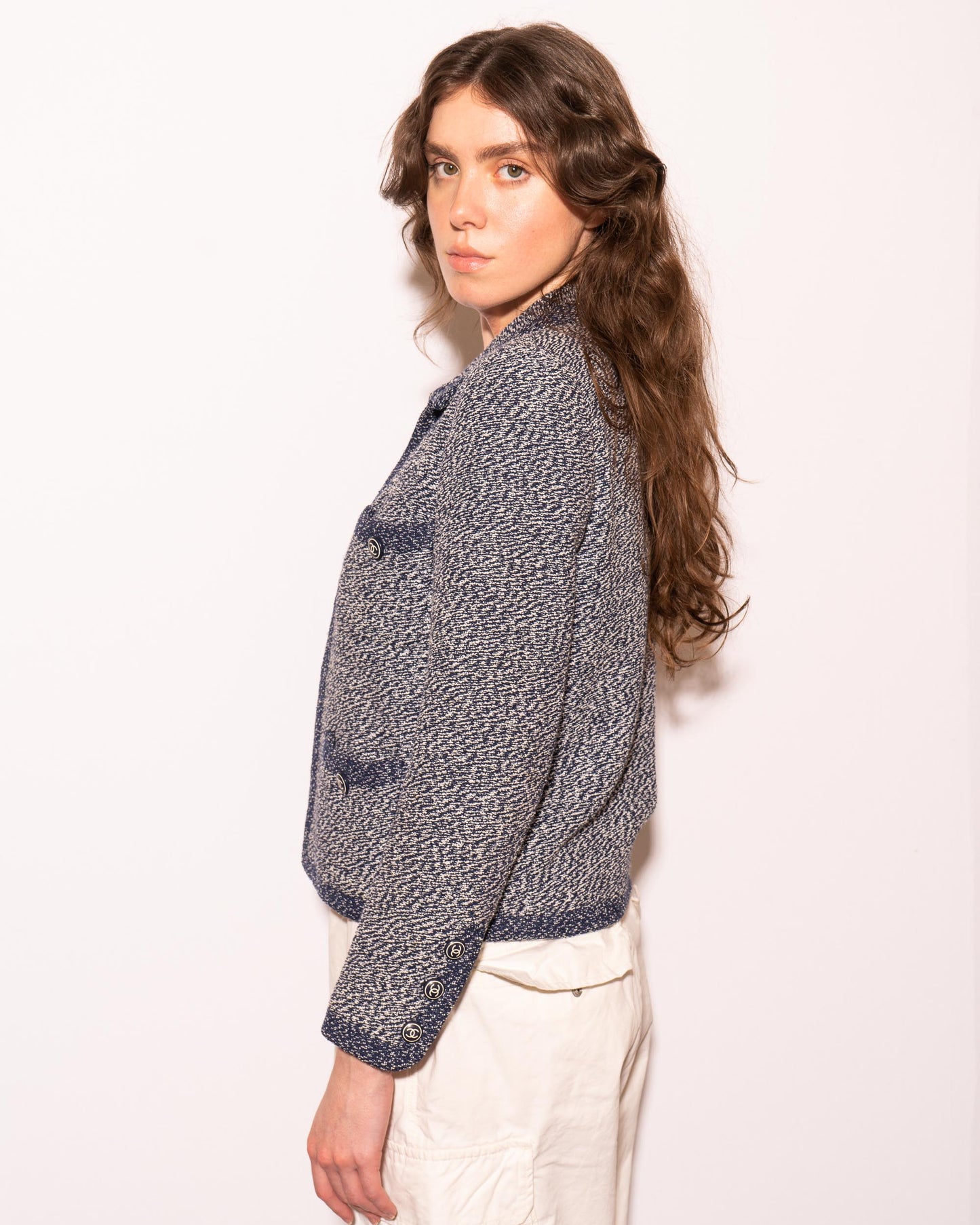 FR36-38 Chanel Cruise 1997 Four Pocket Melange Effect Navy Tweed Jacket - Vintage Chanel Jacket - - Rarchive.