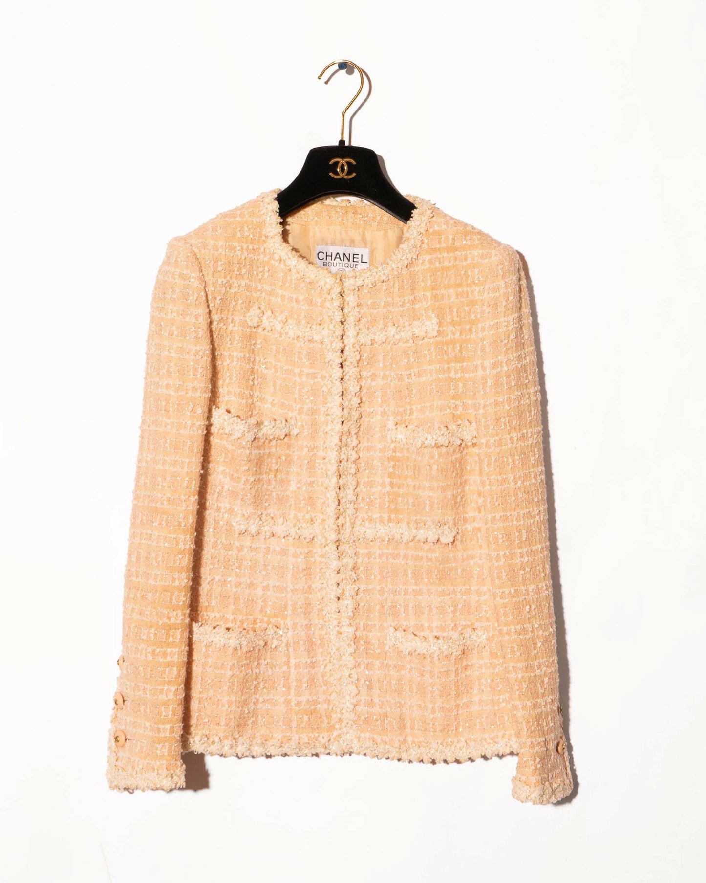 FR38-40 Rare Chanel Cruise 1995 Four Pocketed Tweed Boucle Jacket in Pink and Cream - Vintage Chanel Jacket - - Rarchive.