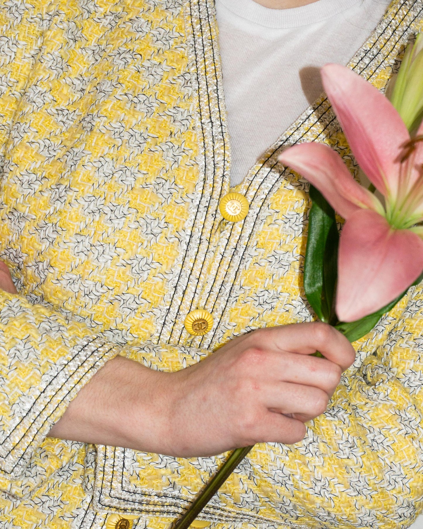 FR40-44 Rare Chanel Spring 1993 Four Pocket Yellow Houndstooth Longline Jacket