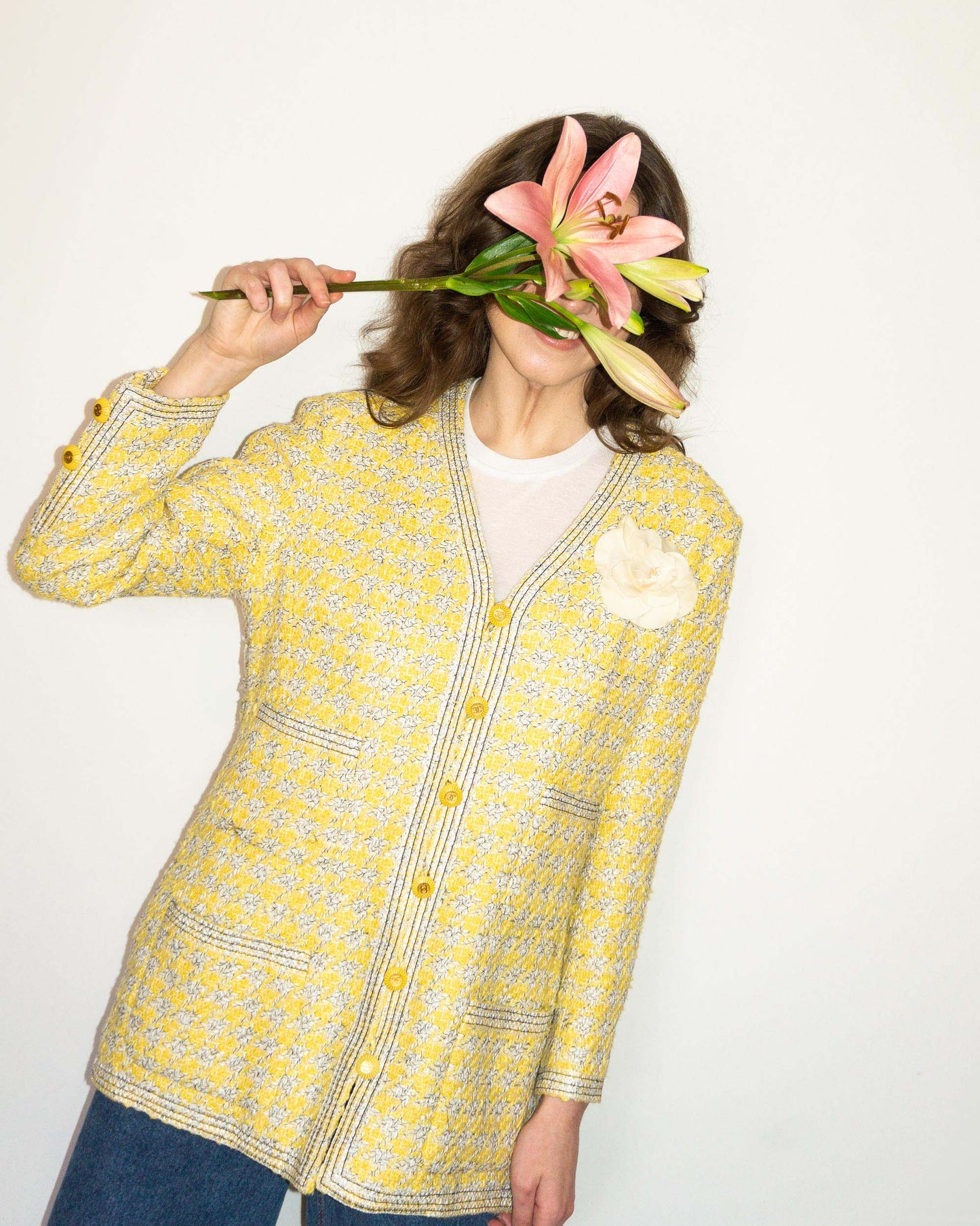 FR40-44 Rare Chanel Spring 1993 Four Pocket Yellow Houndstooth Longline Jacket