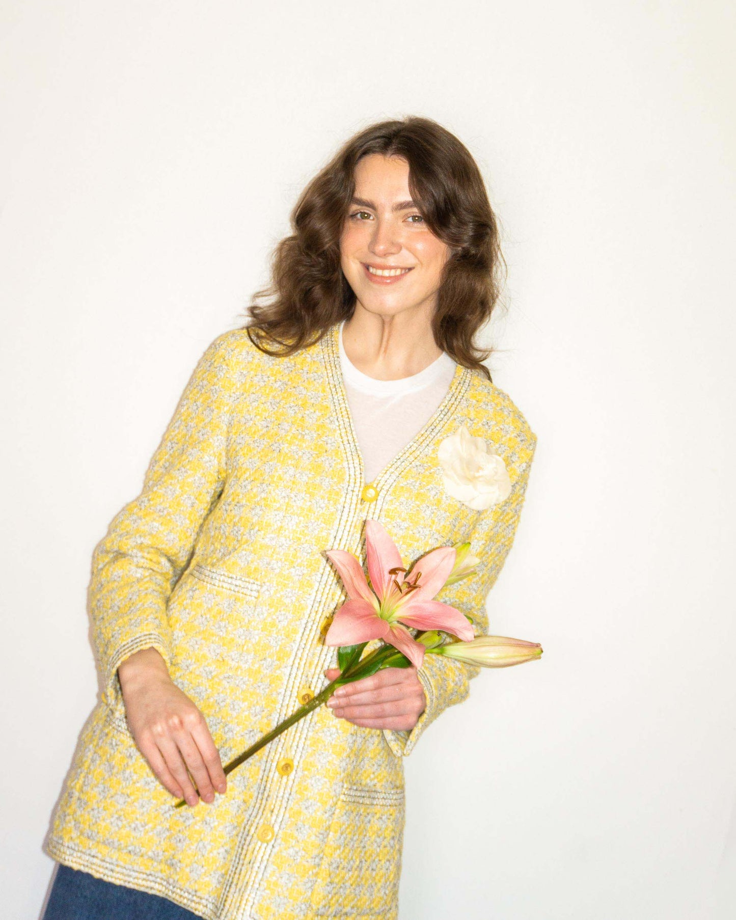 FR40-44 Rare Chanel Spring 1993 Four Pocket Yellow Houndstooth Longline Jacket