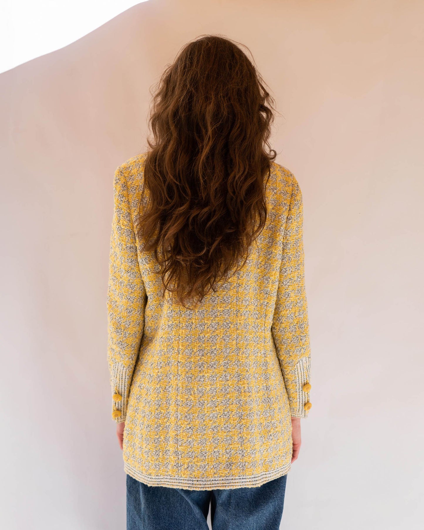 FR40-44 Rare Chanel Spring 1993 Four Pocket Yellow Houndstooth Longline Jacket