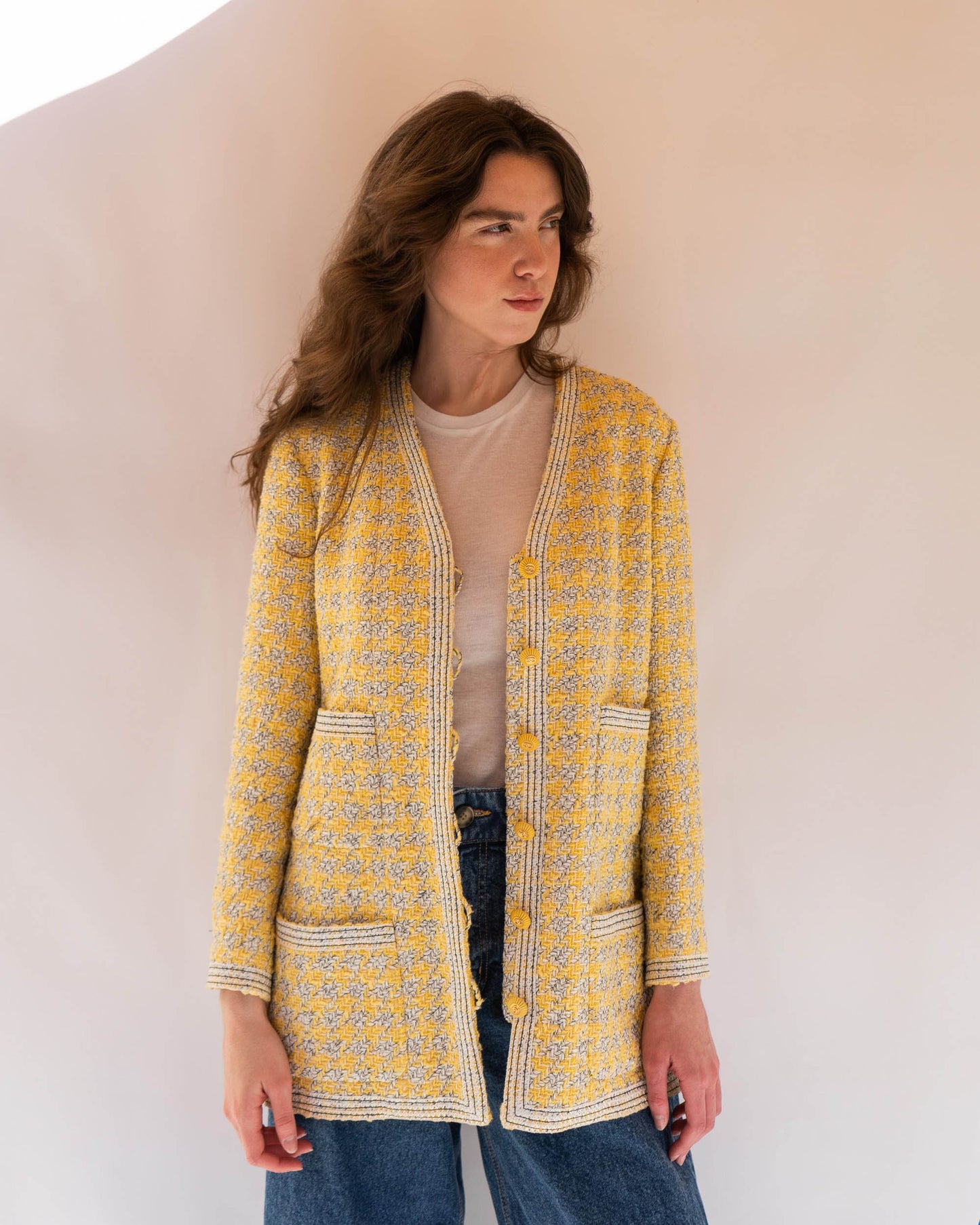 FR40-44 Rare Chanel Spring 1993 Four Pocket Yellow Houndstooth Longline Jacket
