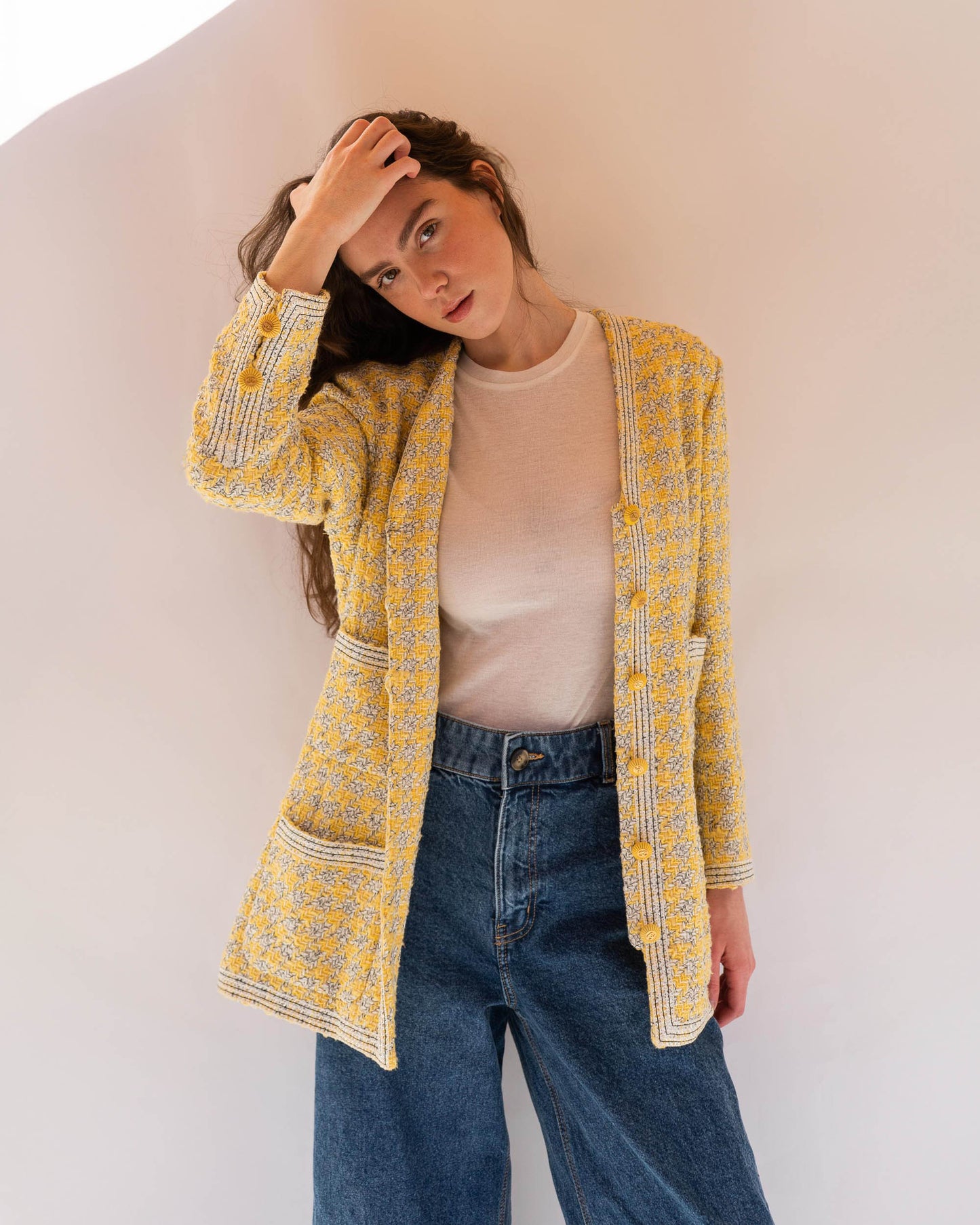 FR40-44 Rare Chanel Spring 1993 Four Pocket Yellow Houndstooth Longline Jacket