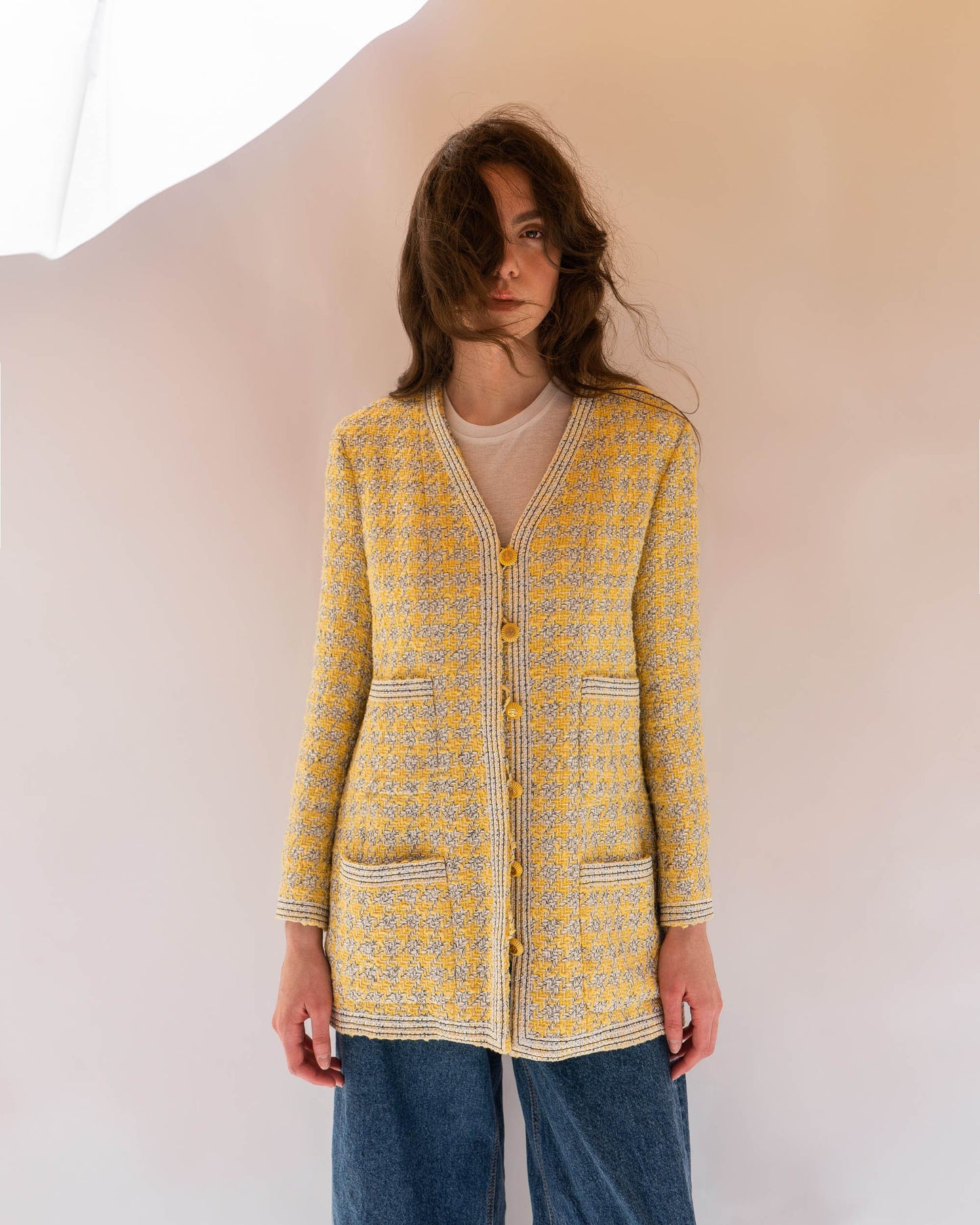 FR40-44 Rare Chanel Spring 1993 Four Pocket Yellow Houndstooth Longline Jacket