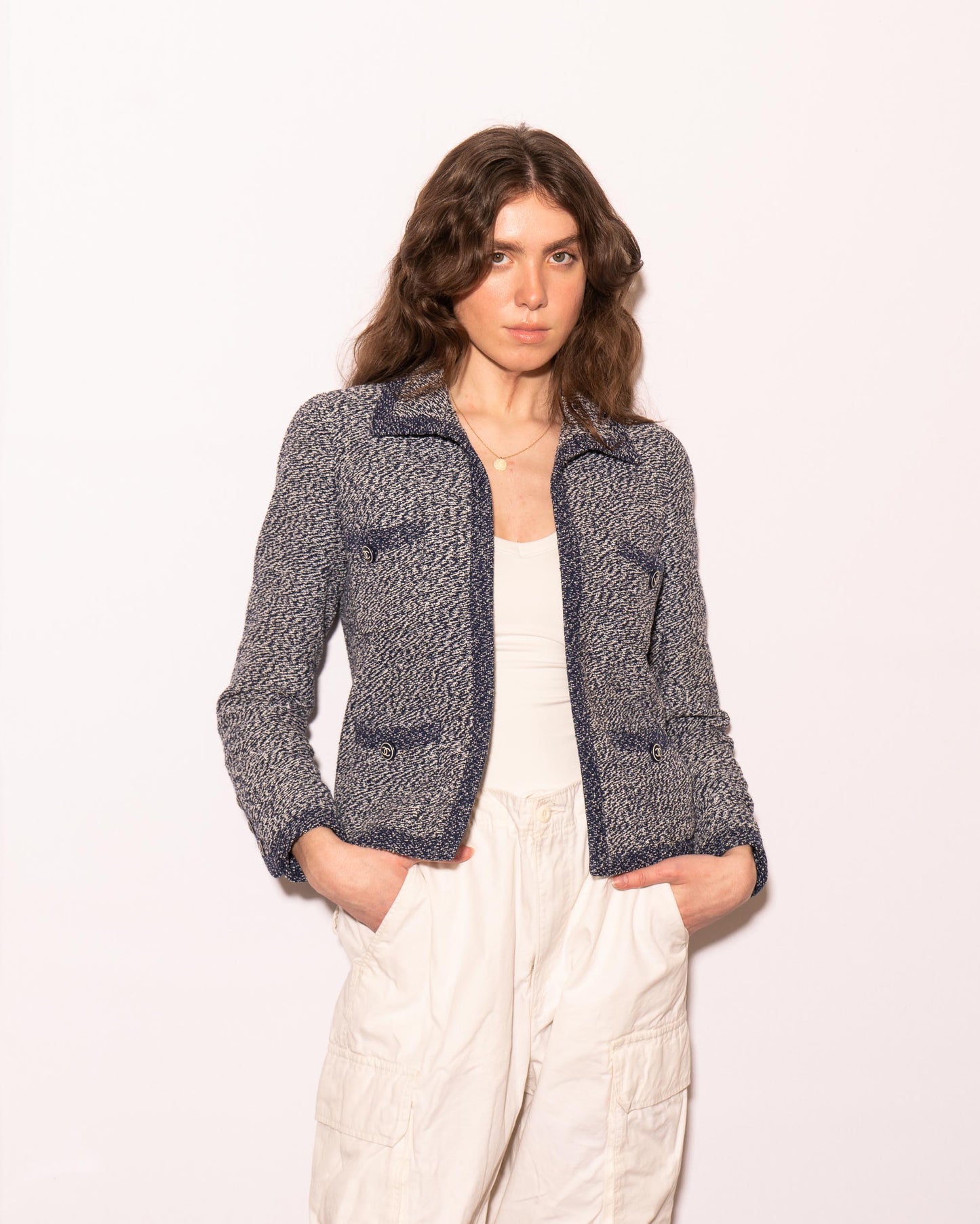 FR36-38 Chanel Cruise 1997 Four Pocket Melange Effect Navy Tweed Jacket - Vintage Chanel Jacket - - Rarchive.