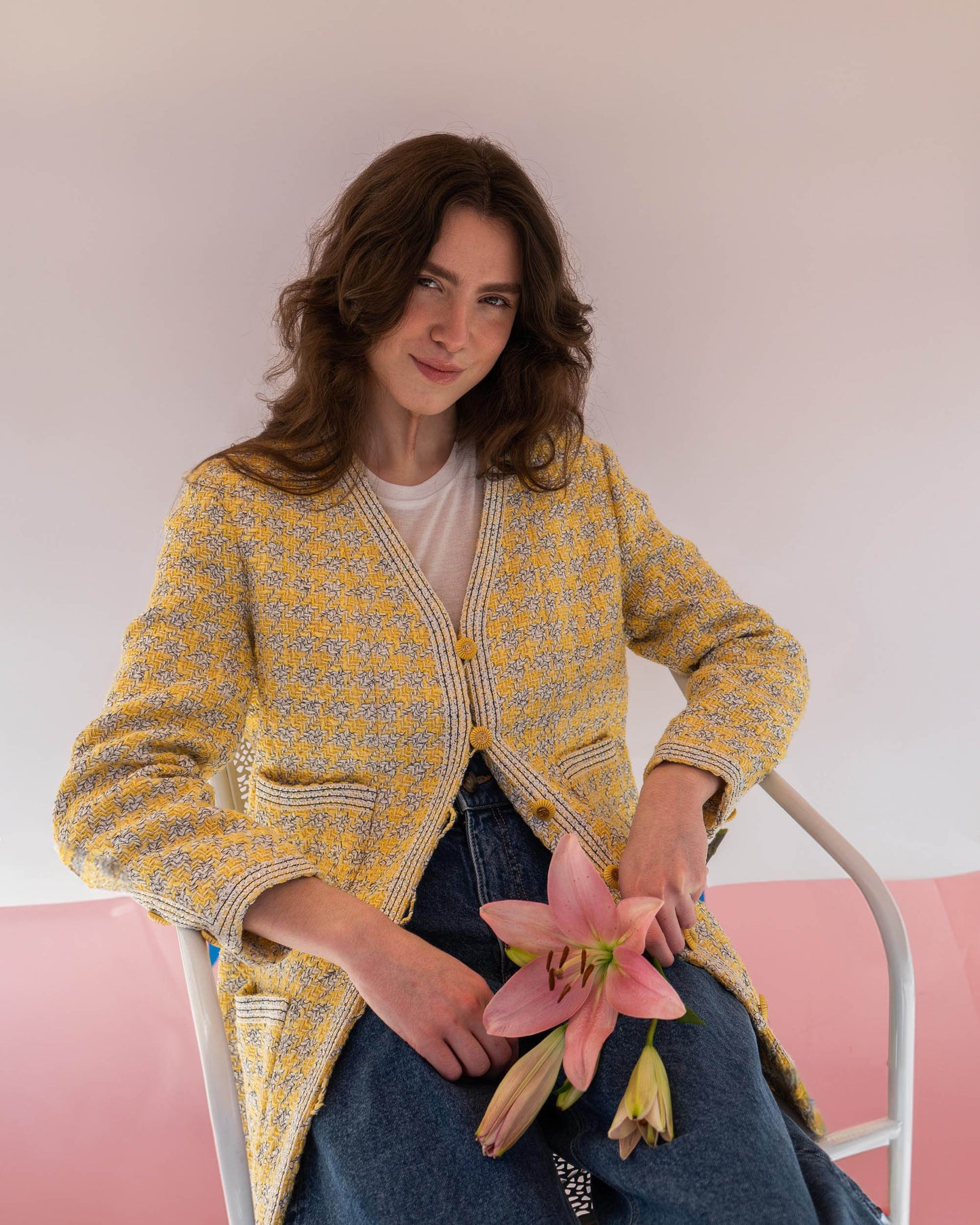 FR40-44 Rare Chanel Spring 1993 Four Pocket Yellow Houndstooth Longline Jacket