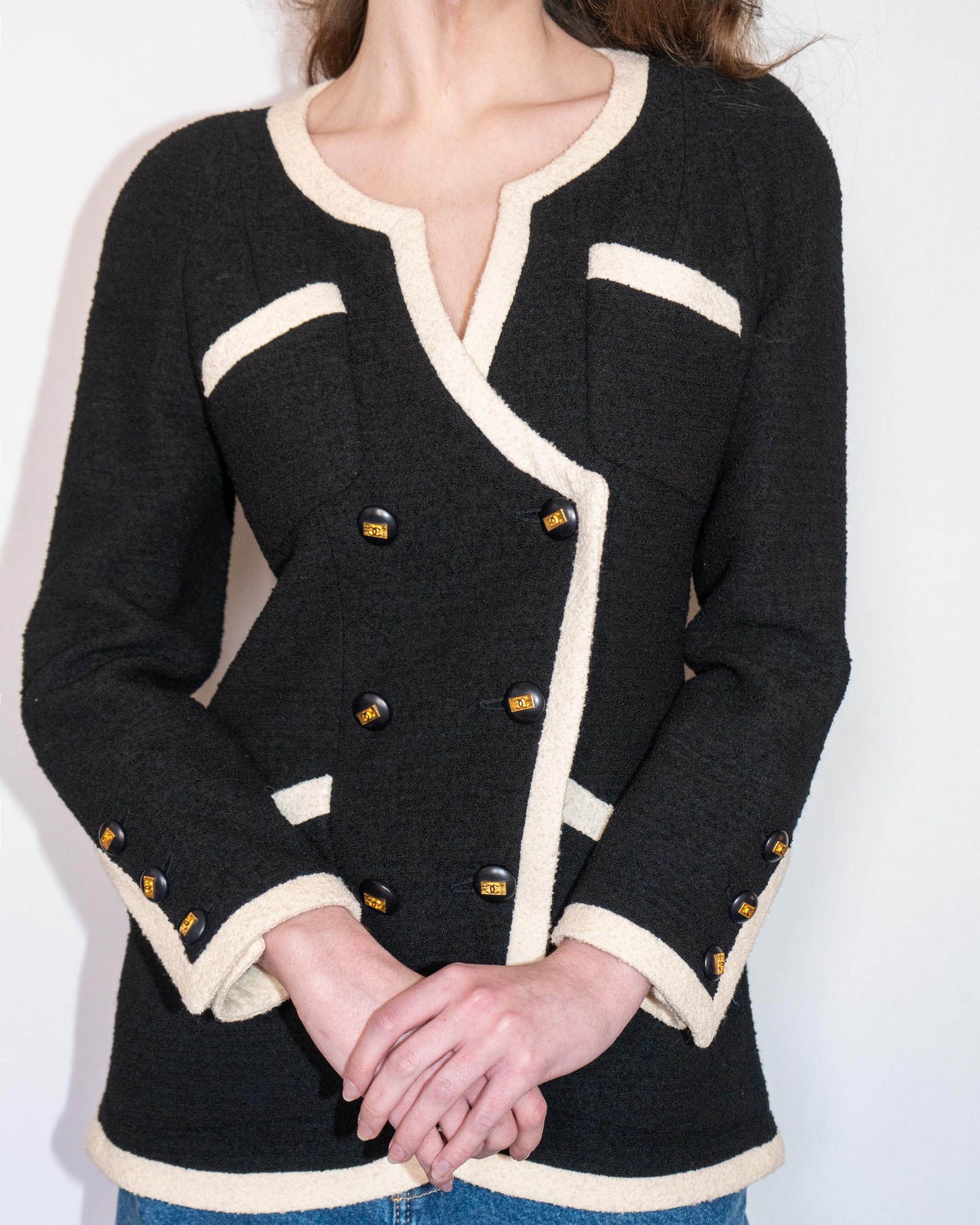 FR36-38 Rare Chanel Early 1990s Black & Ivory Trim Double-Breasted Jacket