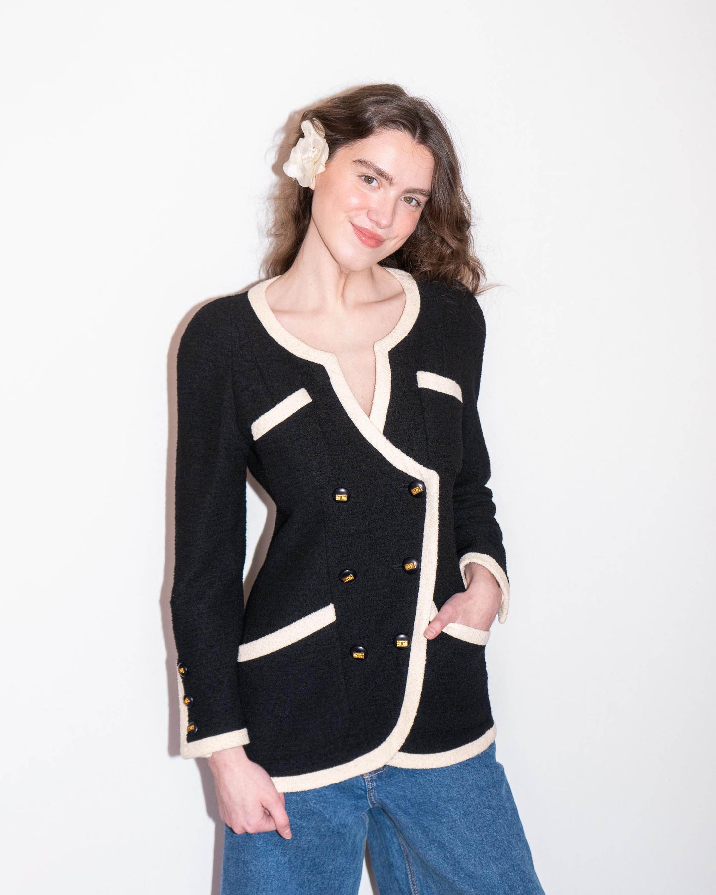 FR36-38 Rare Chanel Early 1990s Black & Ivory Trim Double-Breasted Jacket