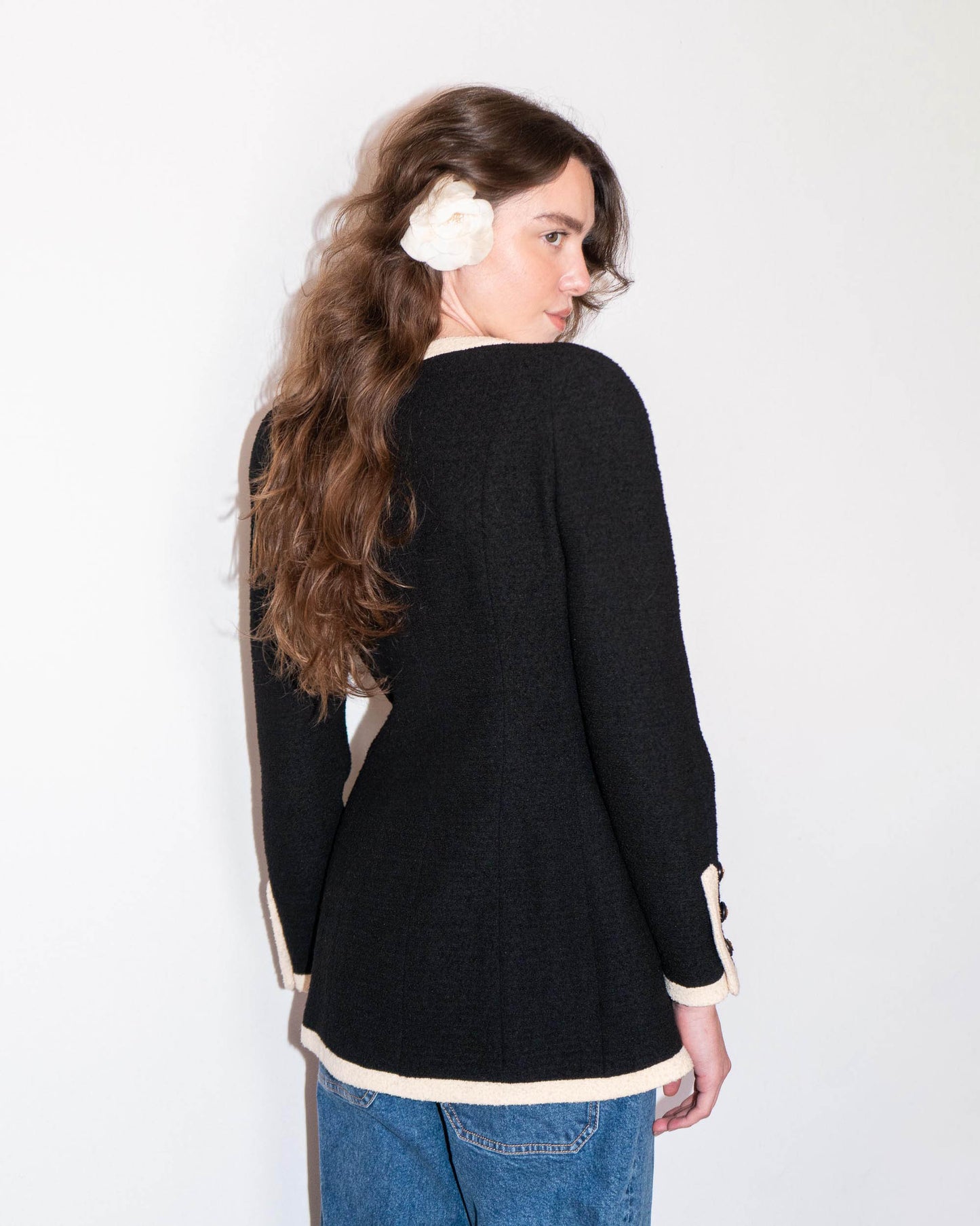 FR36-38 Rare Chanel Early 1990s Black & Ivory Trim Double-Breasted Jacket
