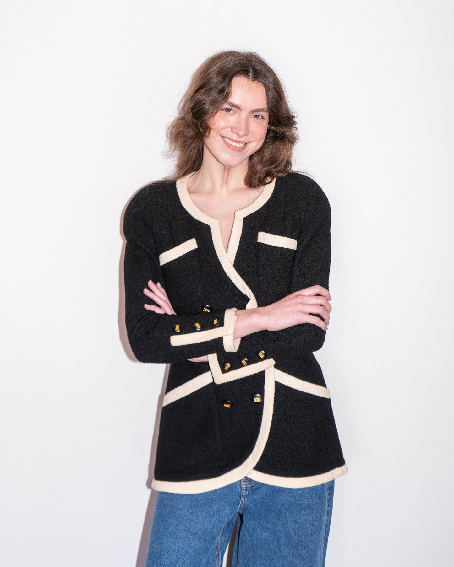 FR36-38 Rare Chanel Early 1990s Black & Ivory Trim Double-Breasted Jacket