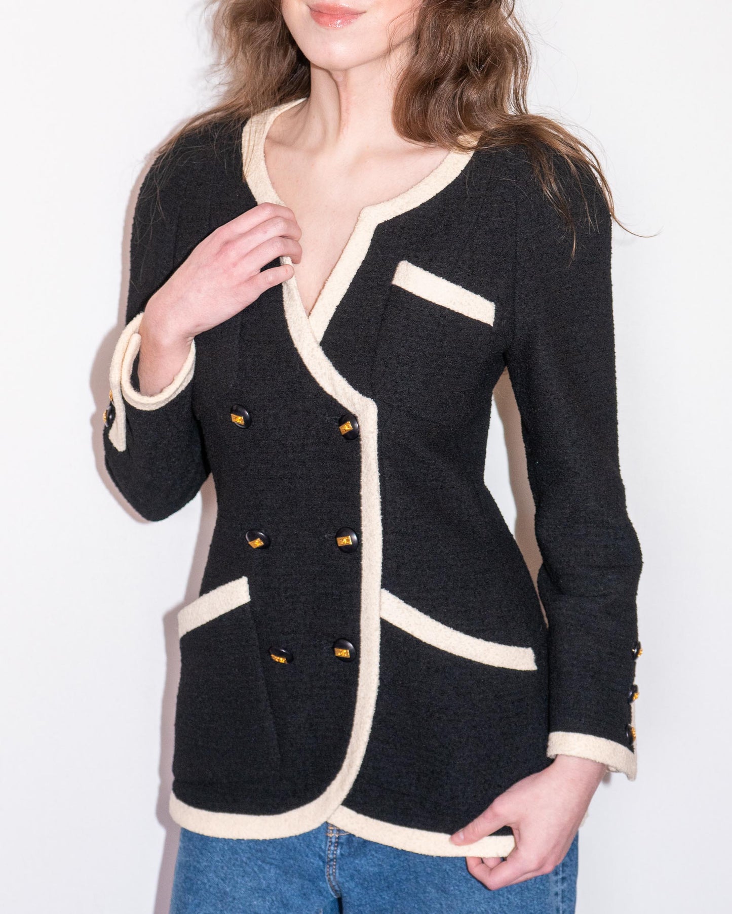 FR36-38 Rare Chanel Early 1990s Black & Ivory Trim Double-Breasted Jacket