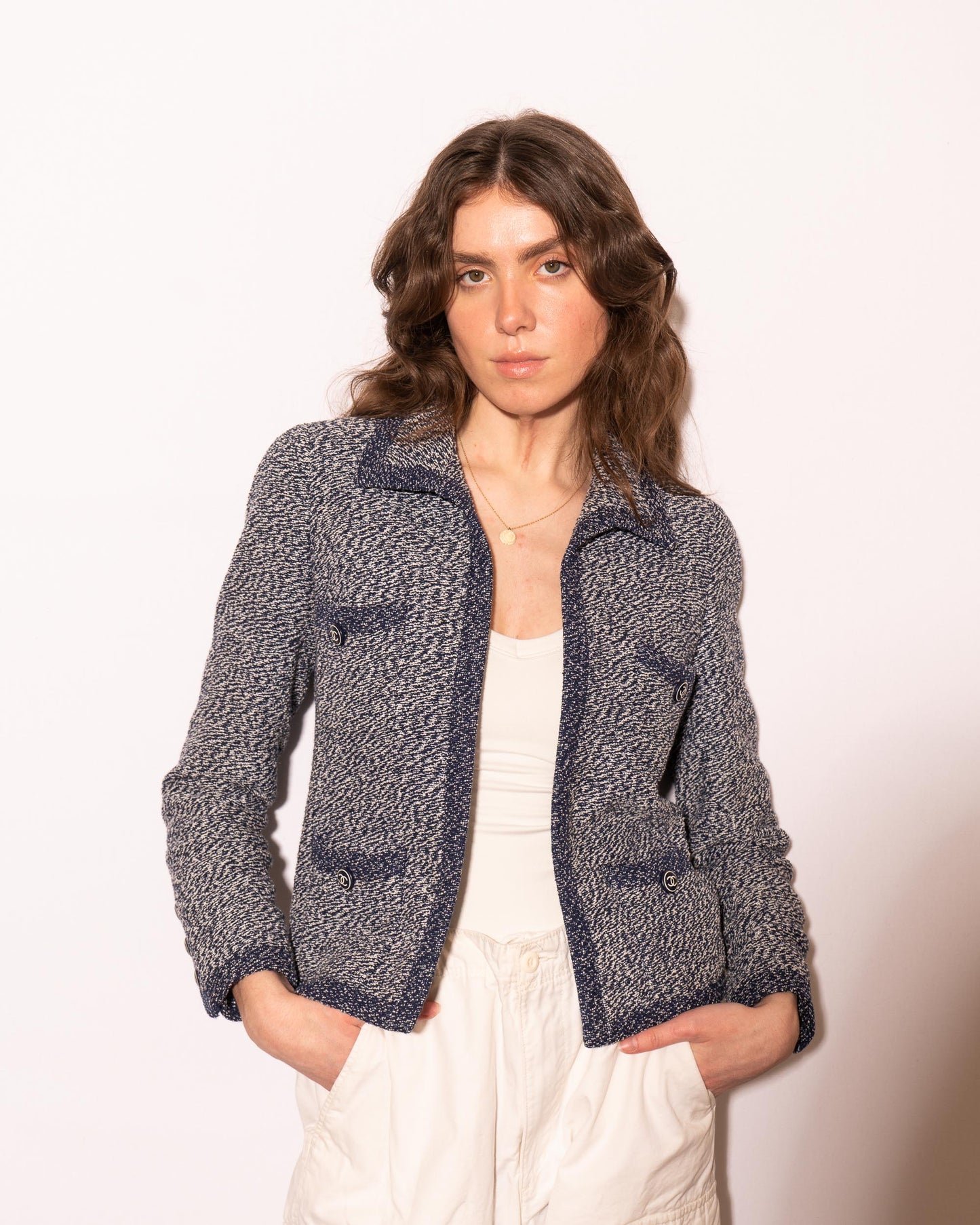 FR36-38 Chanel Cruise 1997 Four Pocket Melange Effect Navy Tweed Jacket - Vintage Chanel Jacket - - Rarchive.