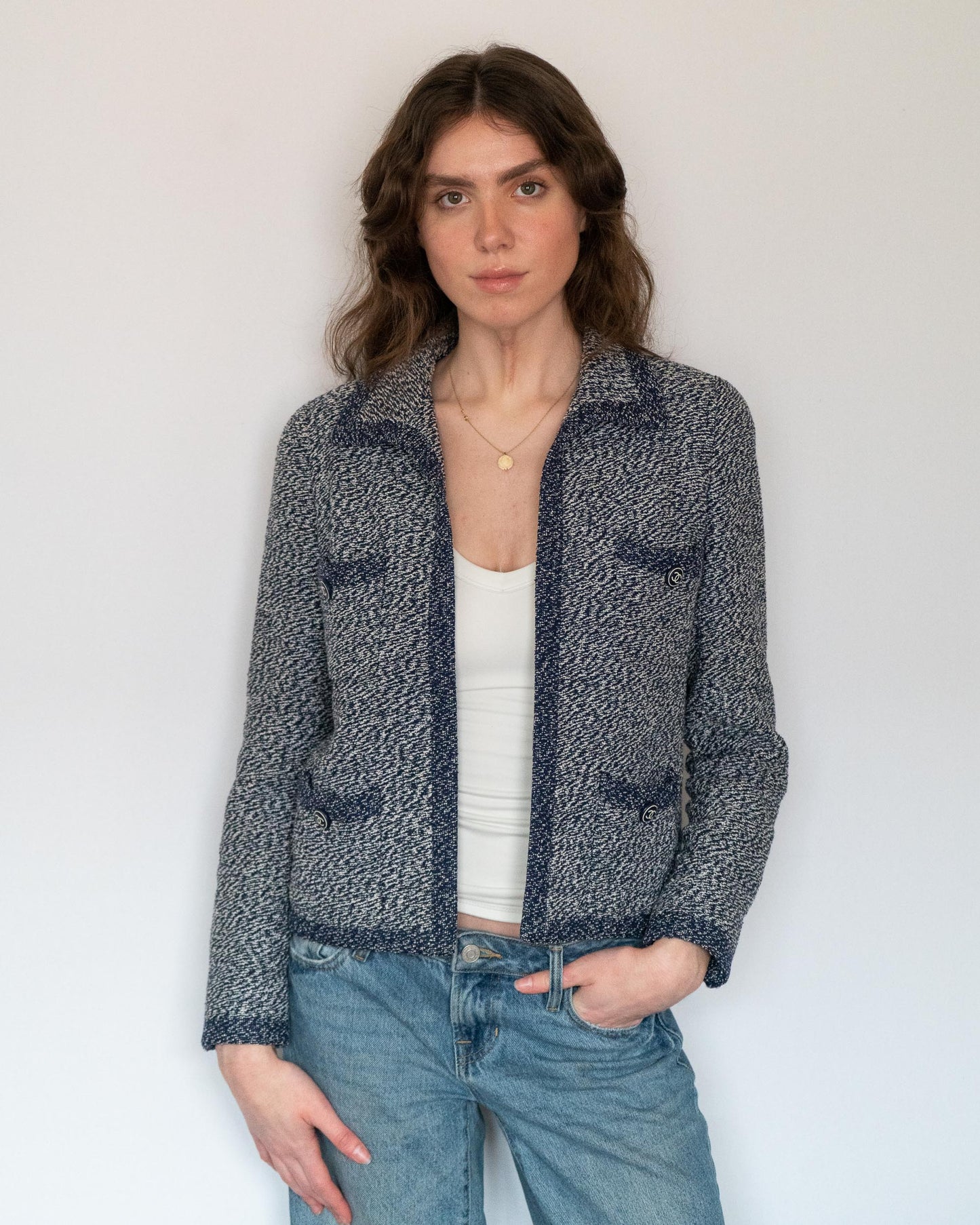 FR36-38 Chanel Cruise 1997 Four Pocket Melange Effect Navy Tweed Jacket - Vintage Chanel Jacket - - Rarchive.