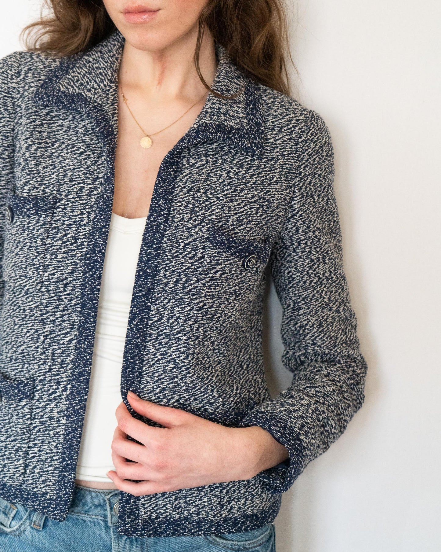 FR36-38 Chanel Cruise 1997 Four Pocket Melange Effect Navy Tweed Jacket - Vintage Chanel Jacket - - Rarchive.