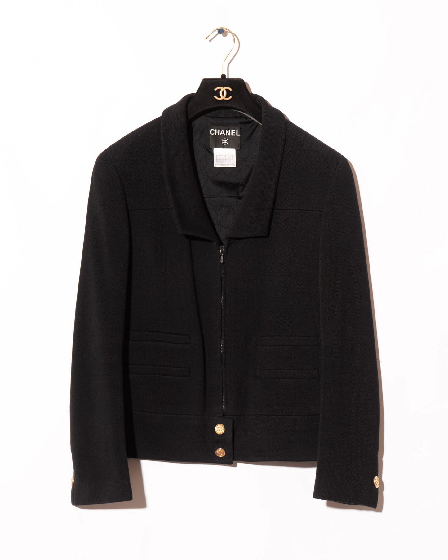 FR40-44 Fall 2001 Cotton Blend Zip Navy Jacket with Faux Pockets & Chain Hem