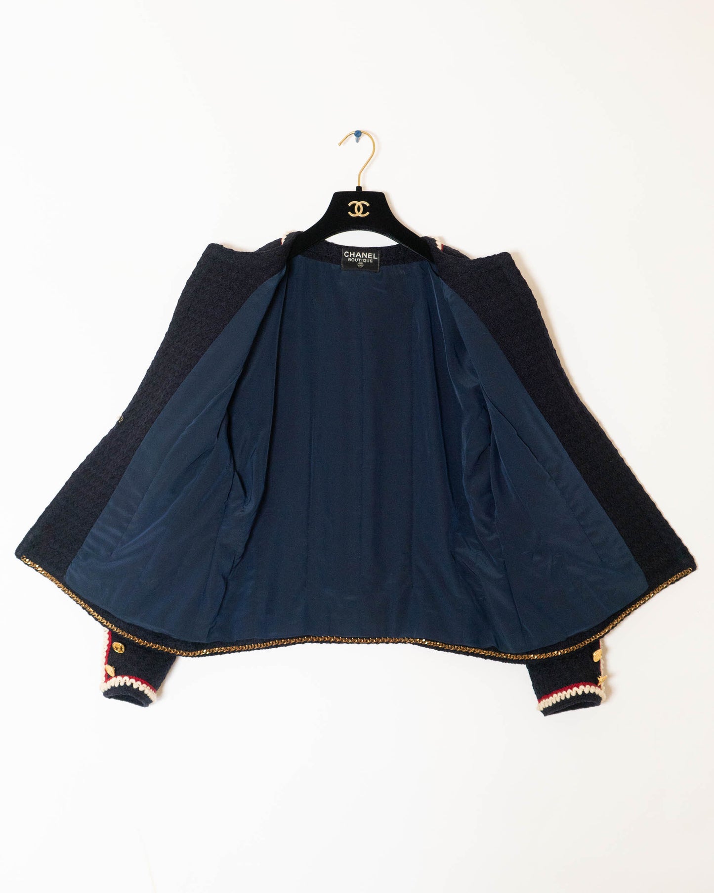 FR38-40 Rare Chanel Spring 1987 Collarless Cut Two Pocket Contrasting Trim Navy Tweed Jacket - Vintage Chanel Jacket - - Rarchive.