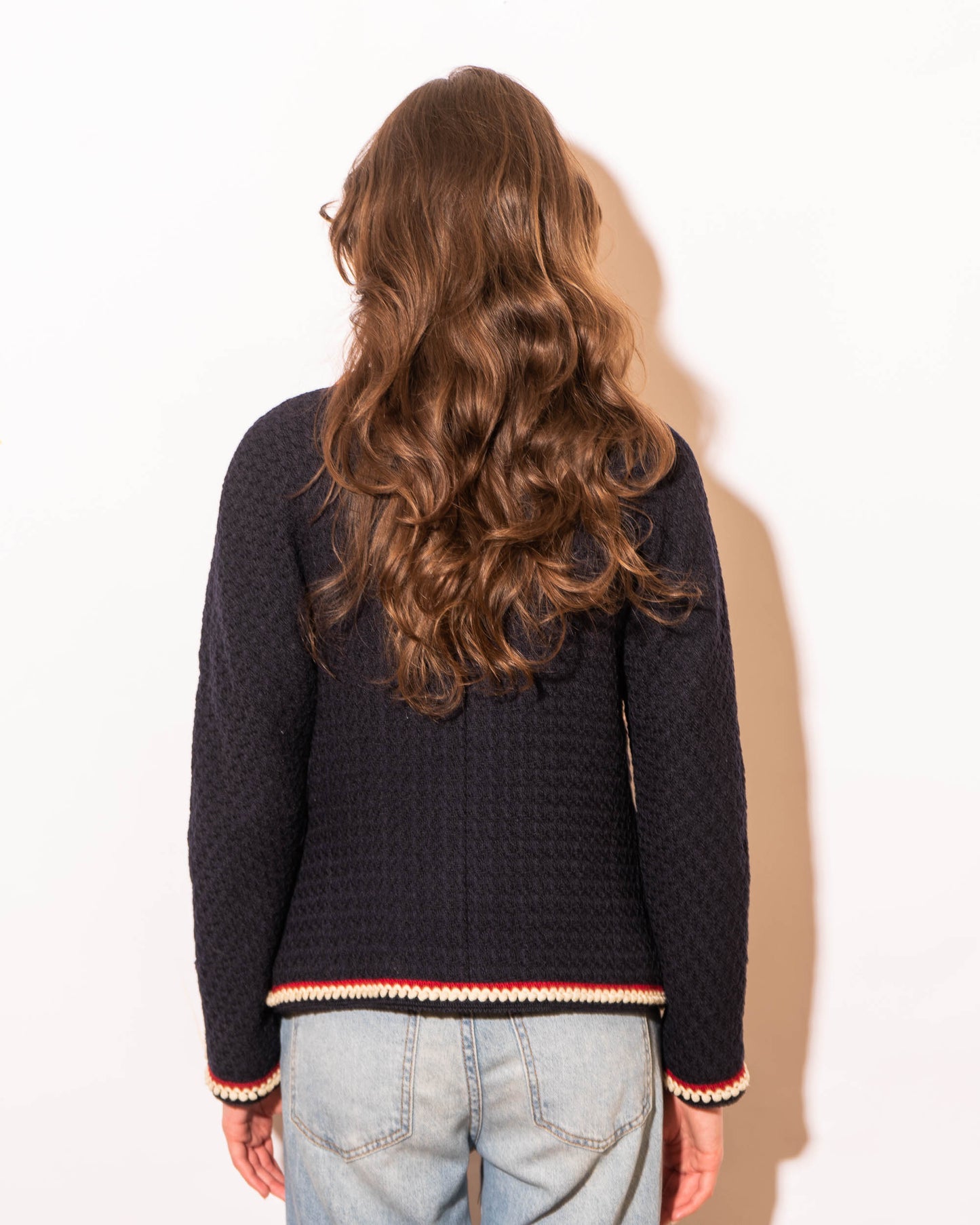 FR38-40 Rare Chanel Spring 1987 Collarless Cut Two Pocket Contrasting Trim Navy Tweed Jacket - Vintage Chanel Jacket - - Rarchive.