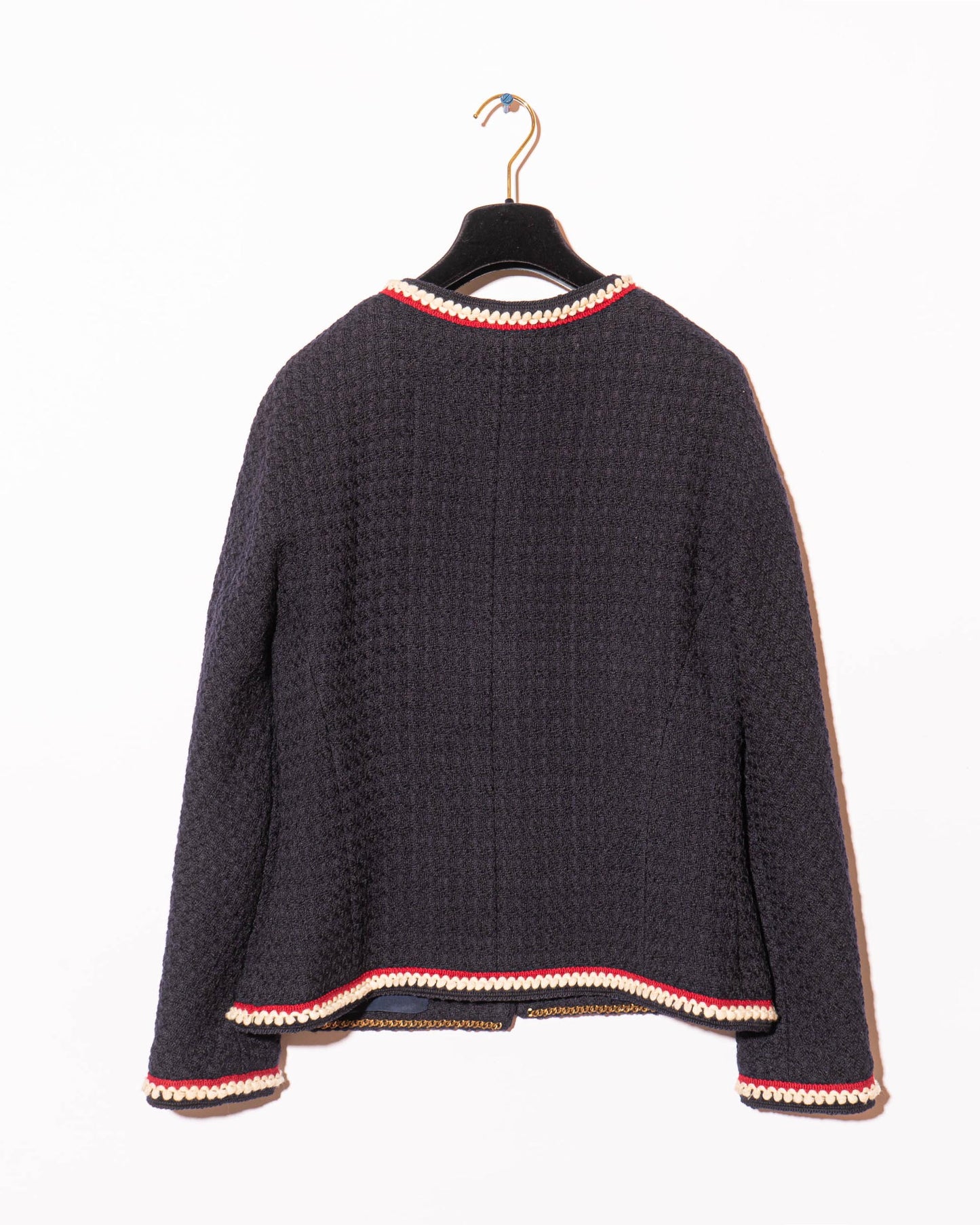 FR38-40 Rare Chanel Spring 1987 Collarless Cut Two Pocket Contrasting Trim Navy Tweed Jacket - Vintage Chanel Jacket - - Rarchive.