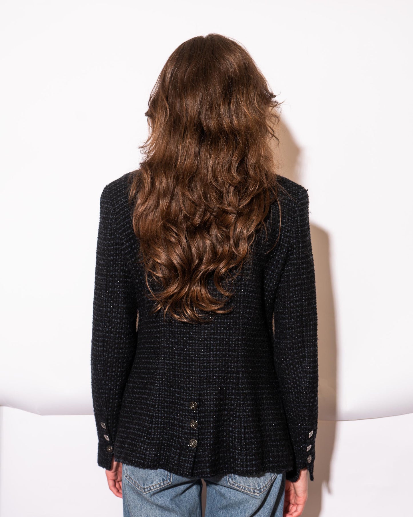 FR38-40 Chanel Fall 2002 Classic Four Pocket Black and Blue Fantasy Tweed Jacket - Vintage Chanel Jacket - - Rarchive.