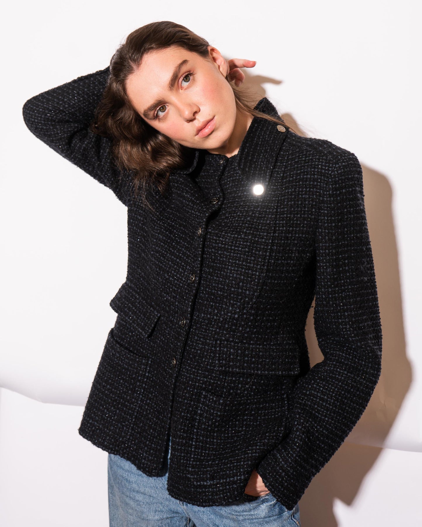 FR38-40 Chanel Fall 2002 Classic Four Pocket Black and Blue Fantasy Tweed Jacket - Vintage Chanel Jacket - - Rarchive.