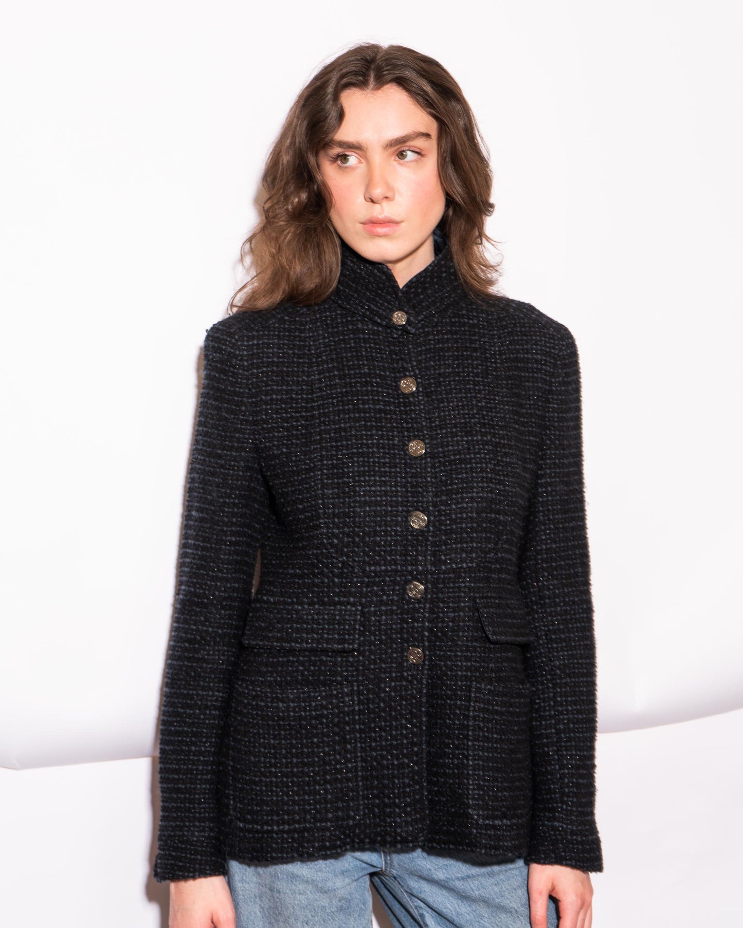 FR38-40 Chanel Fall 2002 Classic Four Pocket Black and Blue Fantasy Tweed Jacket - Vintage Chanel Jacket - - Rarchive.