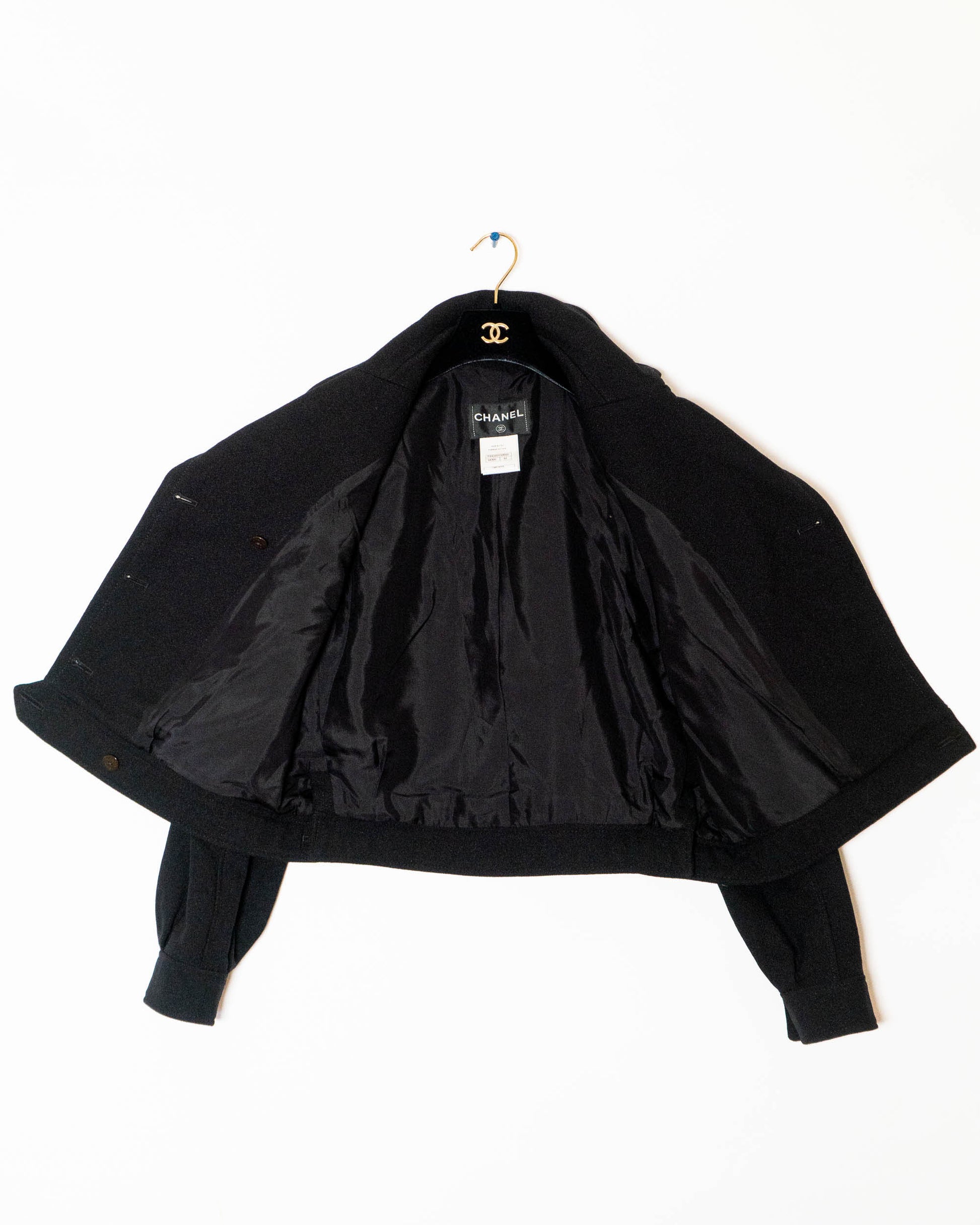 FR42-44 Chanel Fall 2012 CC Logo Patch Black Wool Bomber Jacket - Vintage Chanel Jacket -   - Rarchive.