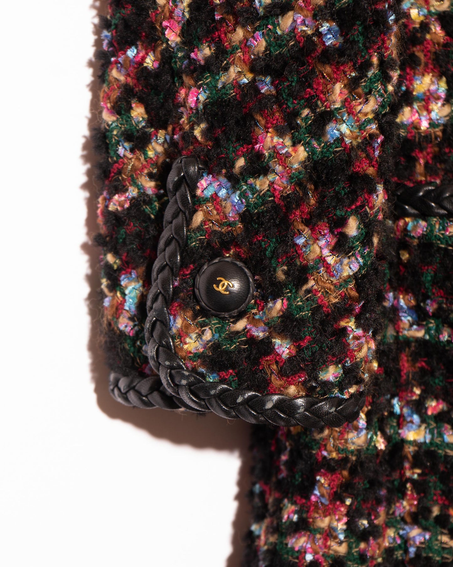 FR38-40 Rare Chanel Fall 1992 Four Pocket Leather Trim Fantasy Tweed Coat - Vintage Chanel Jacket - Jacket - Rarchive.